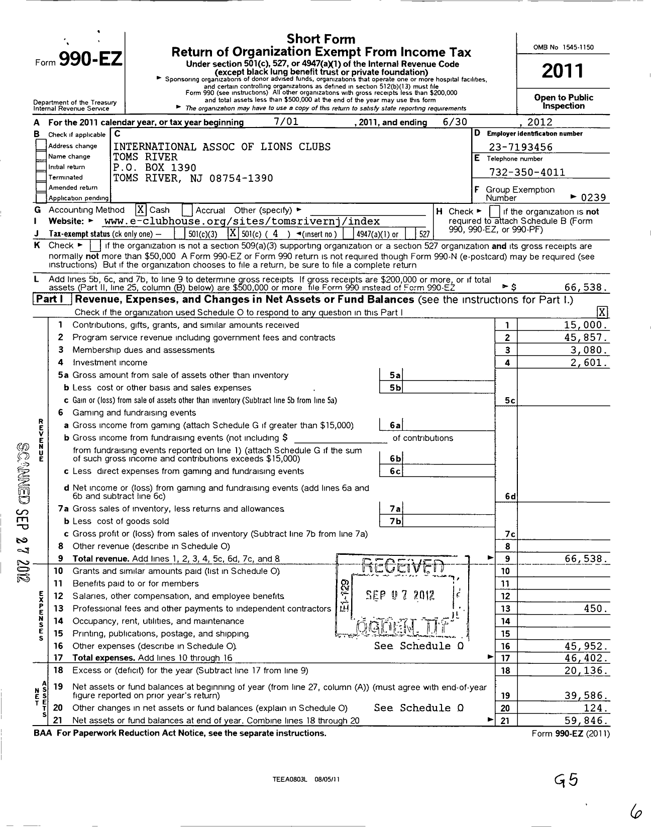 Image of first page of 2011 Form 990EO for Lions Clubs - 6695 Toms River