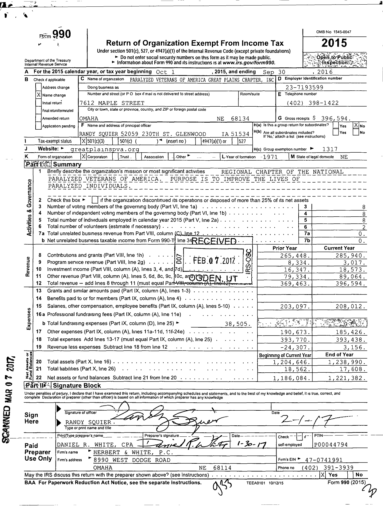 Image of first page of 2015 Form 990 for Paralyzed Veterans of America
