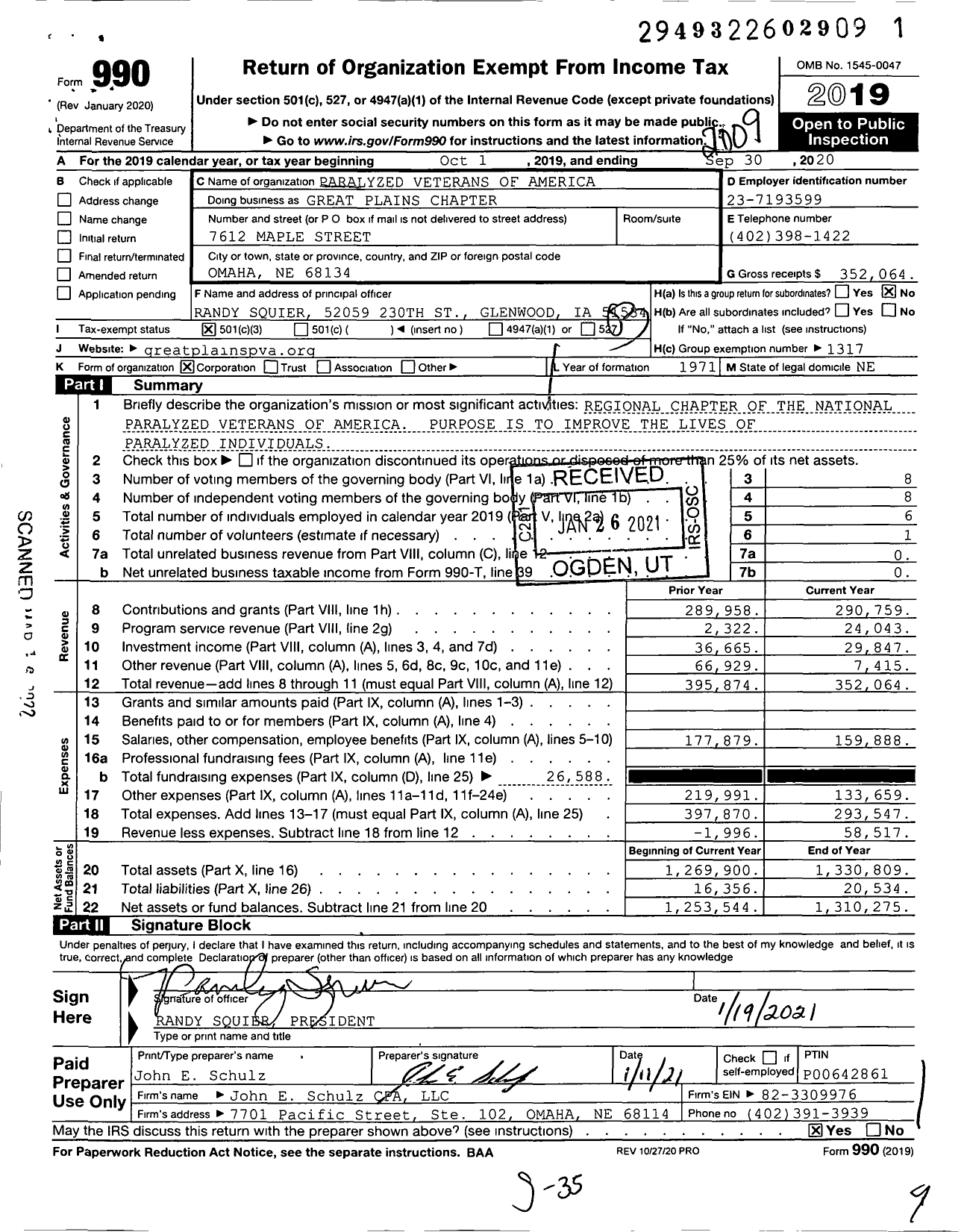 Image of first page of 2019 Form 990 for Paralyzed Veterans of America