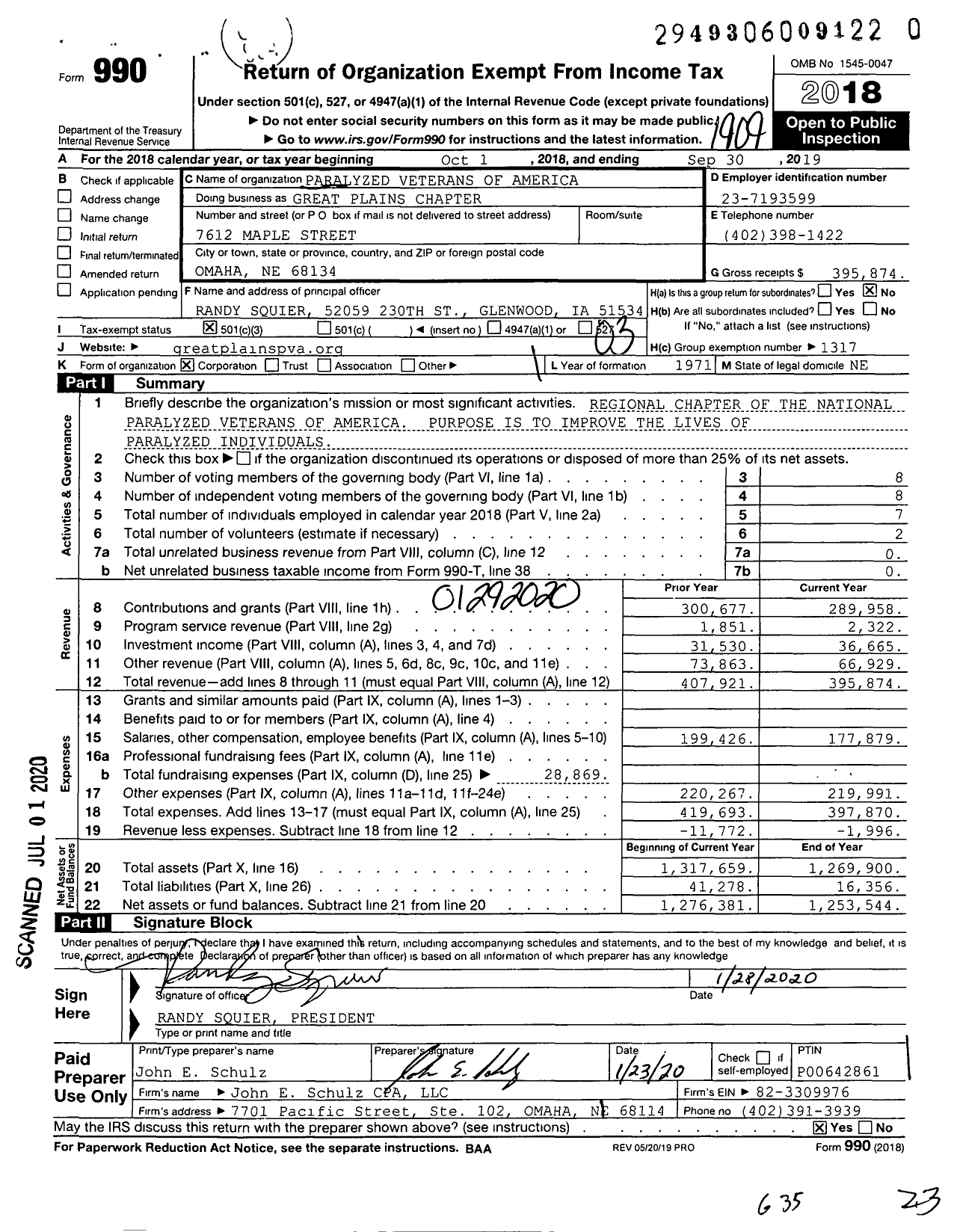 Image of first page of 2018 Form 990 for Paralyzed Veterans of America