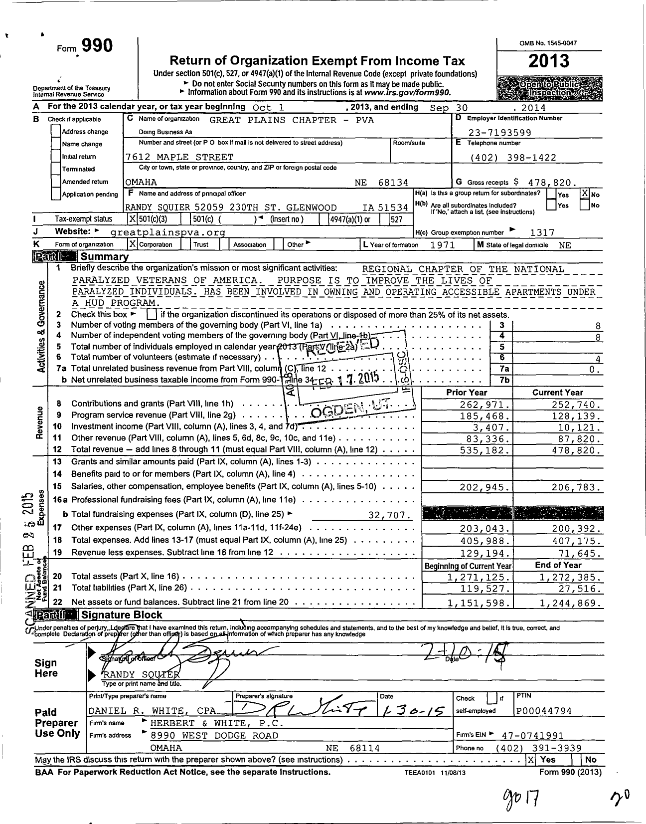 Image of first page of 2013 Form 990 for Paralyzed Veterans of America