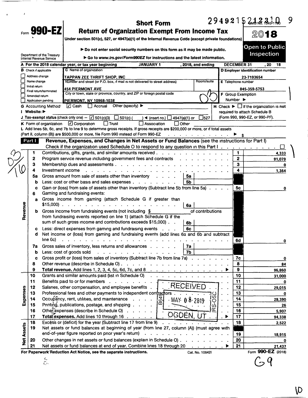 Image of first page of 2018 Form 990EZ for Tappan Zee Thrift Shop