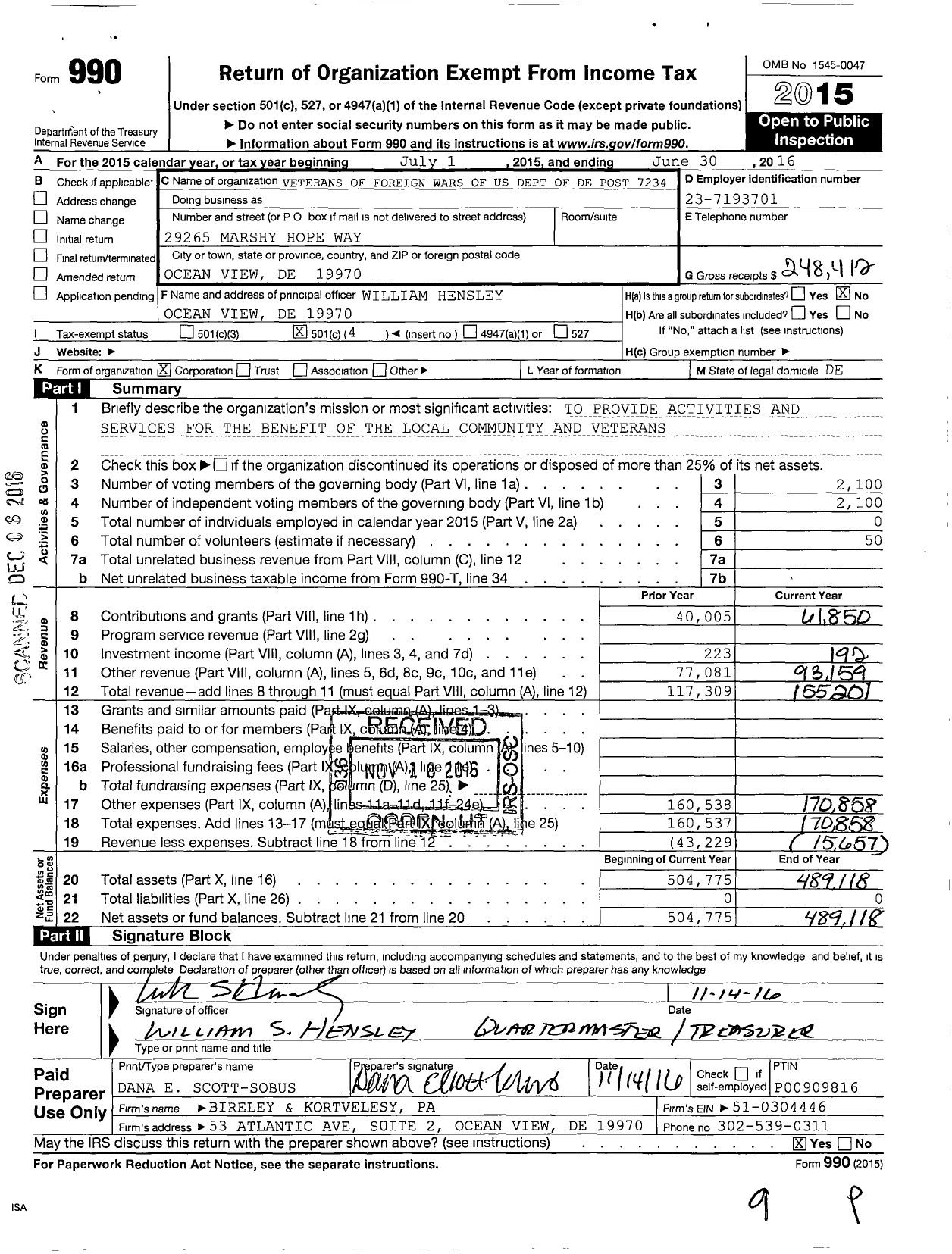 Image of first page of 2015 Form 990O for Veterans of Foreign Wars of Us Dept of de Post 7234