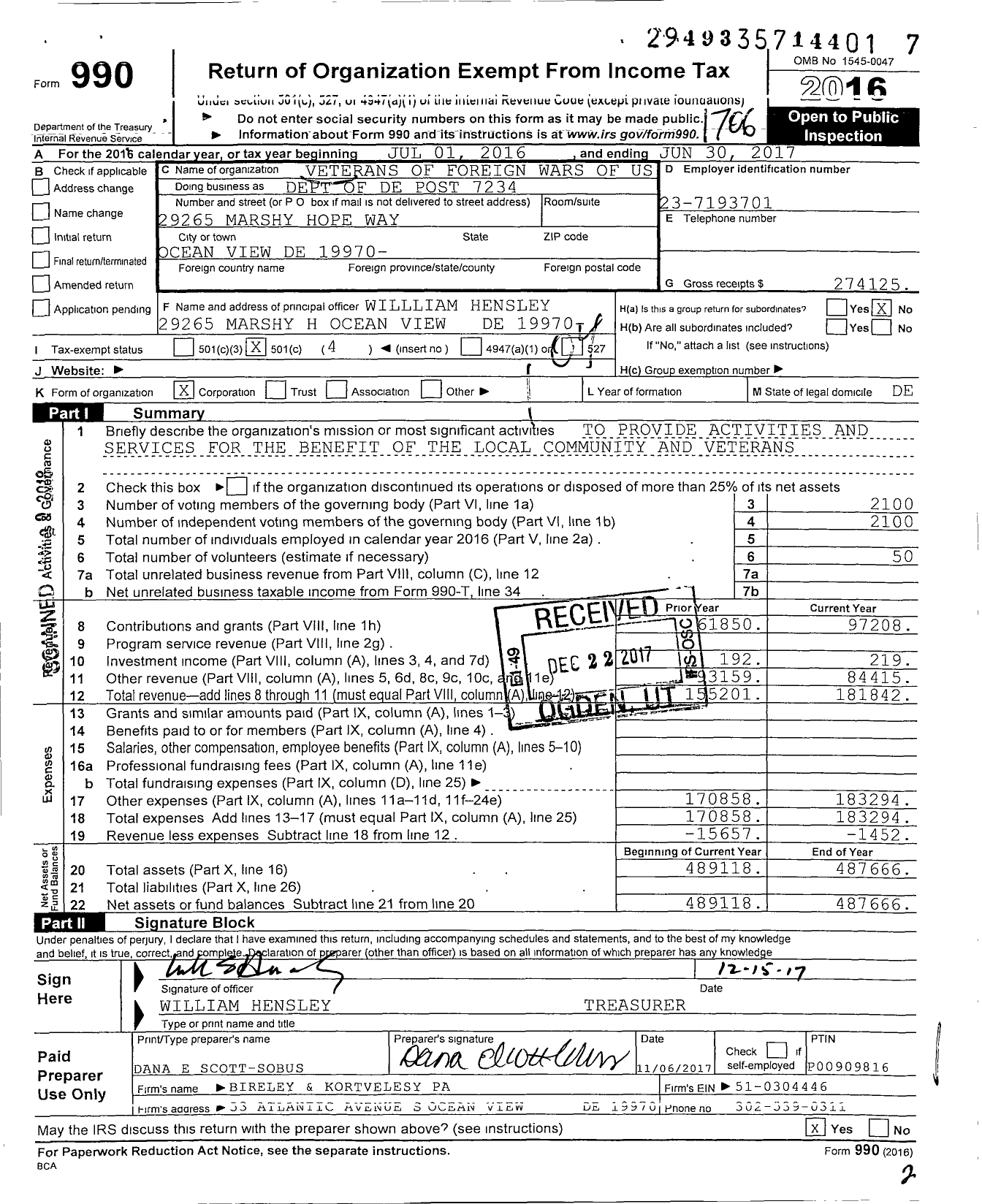 Image of first page of 2016 Form 990O for Veterans of Foreign Wars of Us Dept of de Post 7234