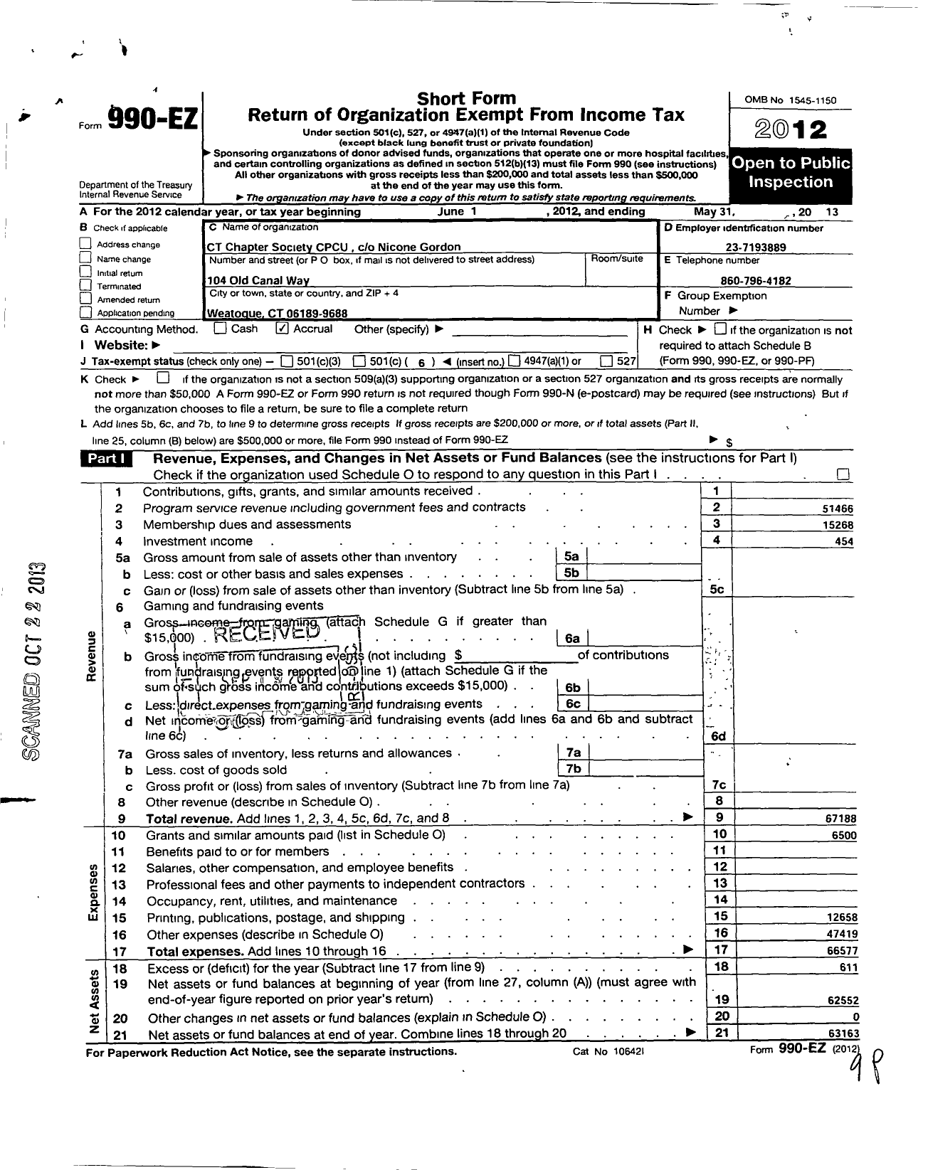 Image of first page of 2012 Form 990EO for Royal Arch Masons of South Dakota - 36 Lookout Chapter