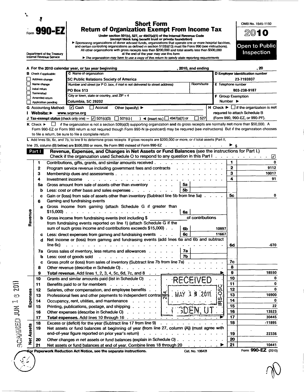 Image of first page of 2010 Form 990EZ for South Carolina Public Relations Society of America