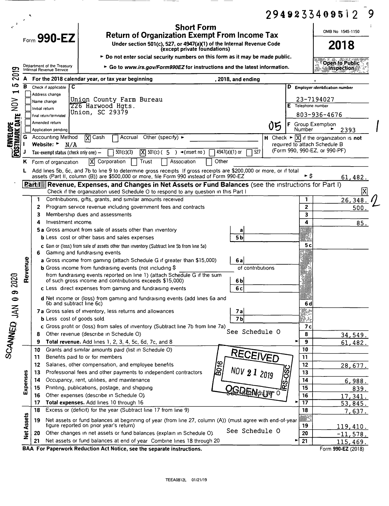 Image of first page of 2018 Form 990EO for Union County Farm Bureau