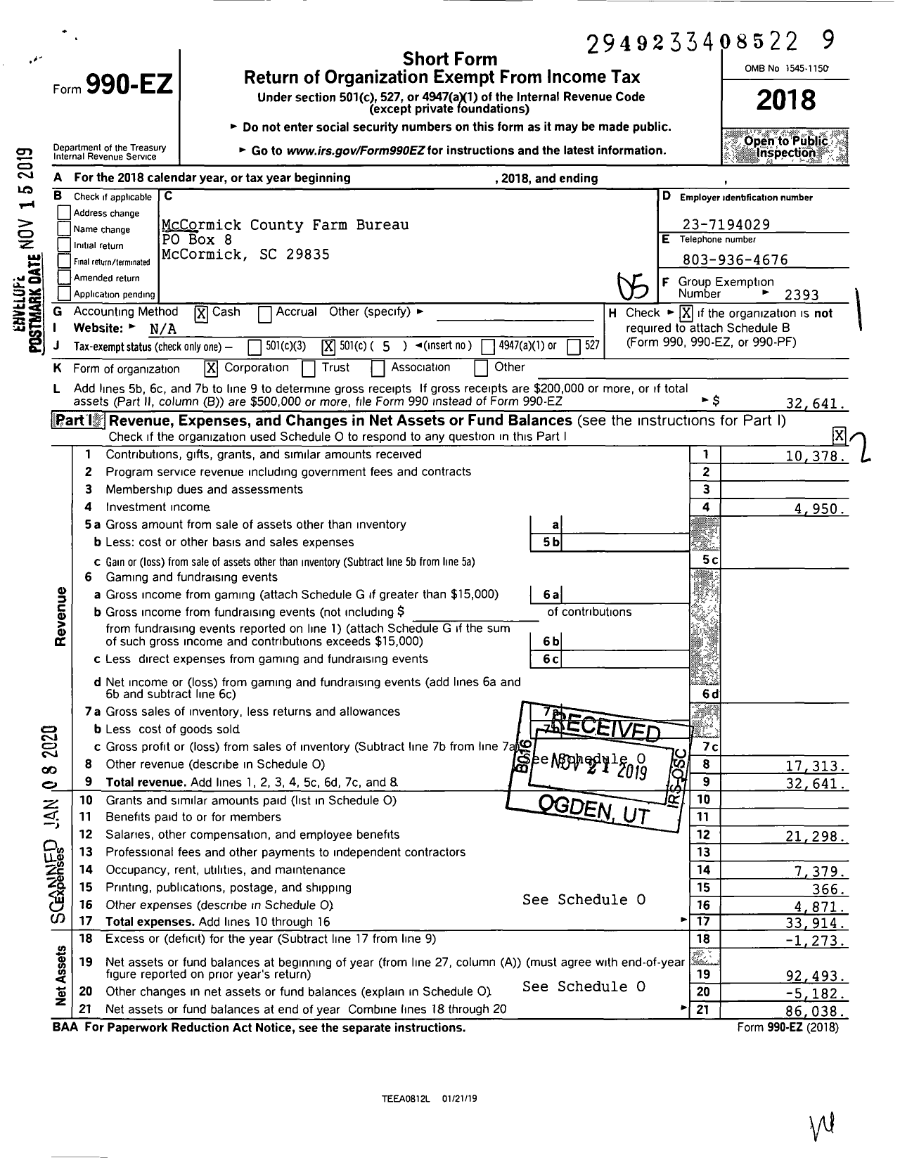 Image of first page of 2018 Form 990EO for McCormick County Farm Bureau