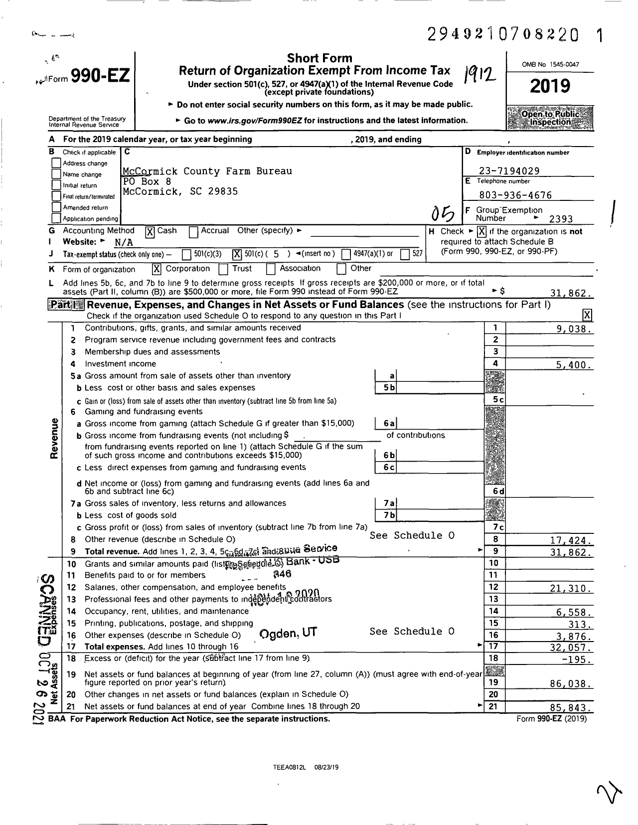 Image of first page of 2019 Form 990EO for McCormick County Farm Bureau