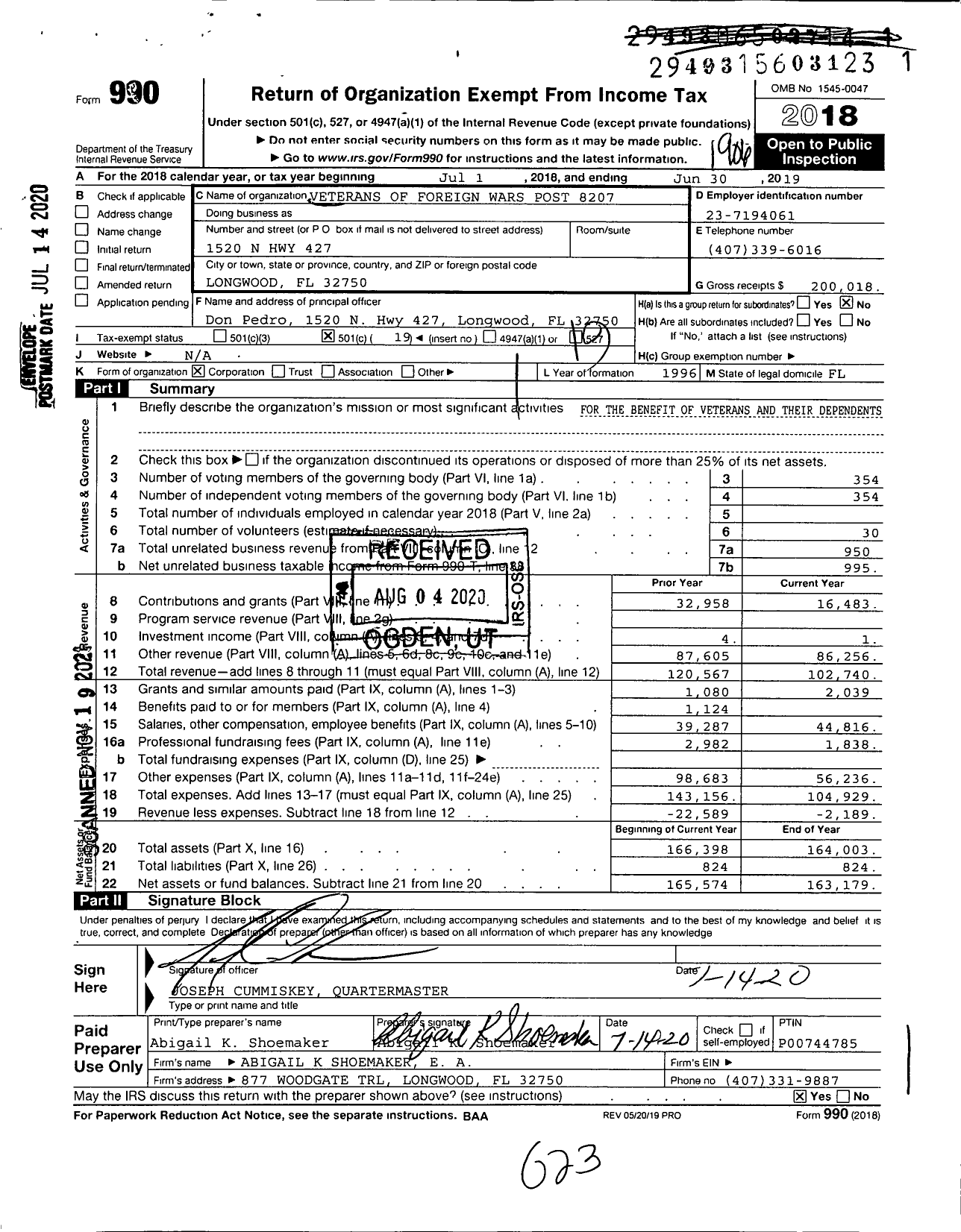 Image of first page of 2018 Form 990O for VFW Department of Florida - 8207 VFW Post