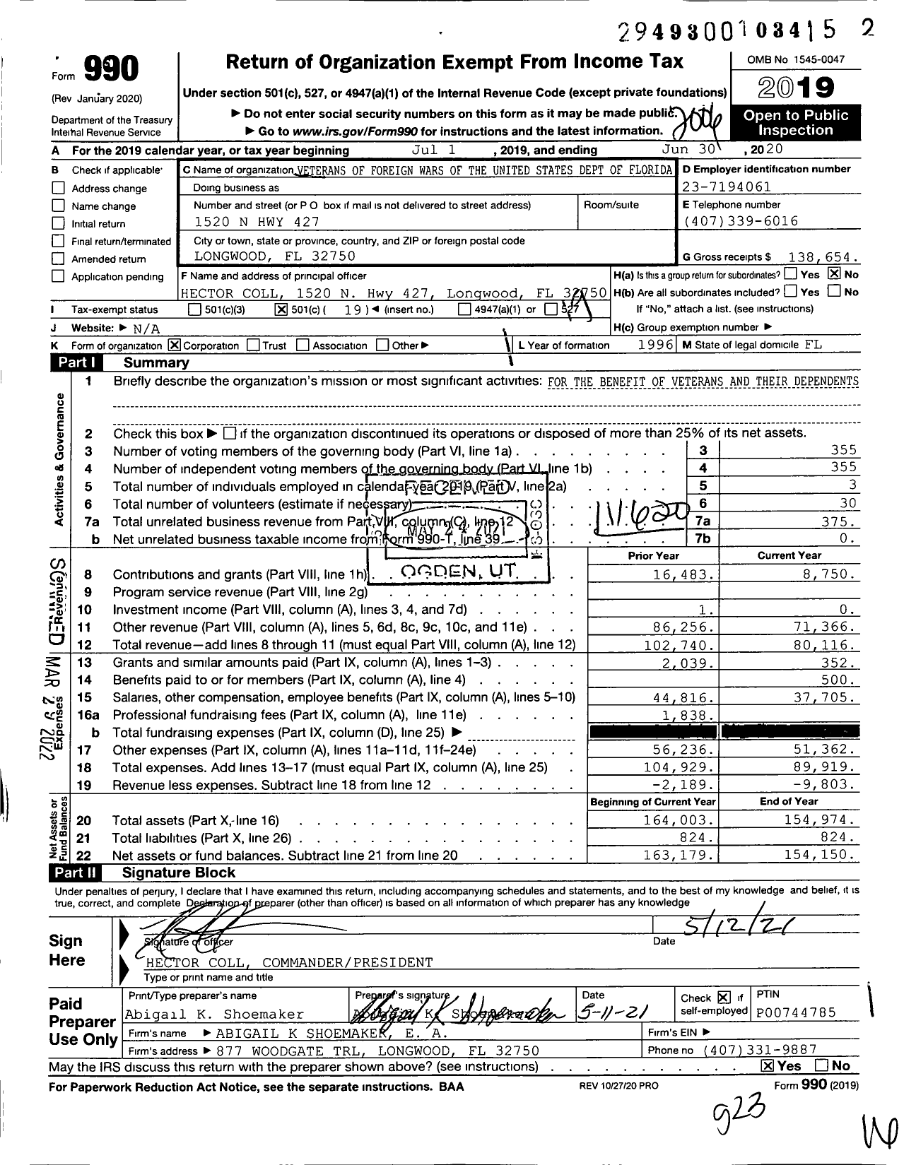 Image of first page of 2019 Form 990O for VFW Department of Florida - 8207 VFW Post