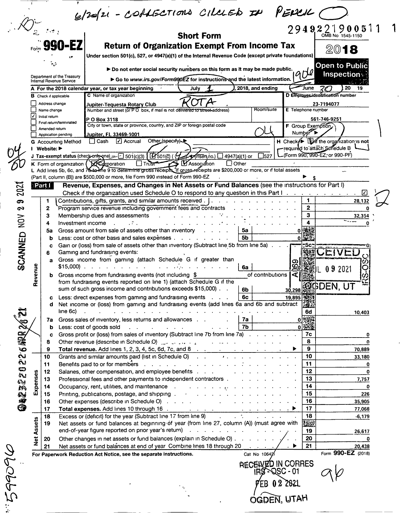 Image of first page of 2018 Form 990EO for Rotary International - Jupiter-Tequesta