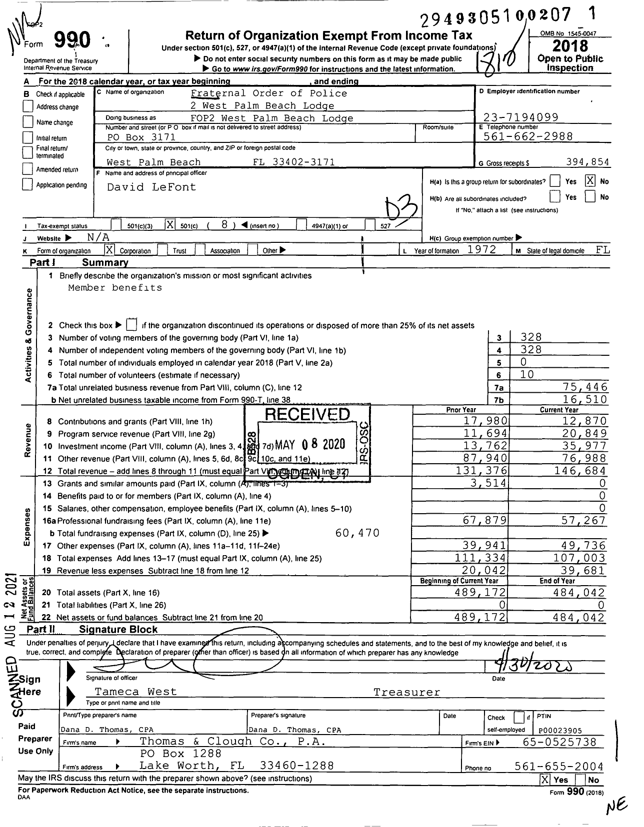 Image of first page of 2018 Form 990 for Fraternal Order of Police - Fop2 West Palm Beach Lodge