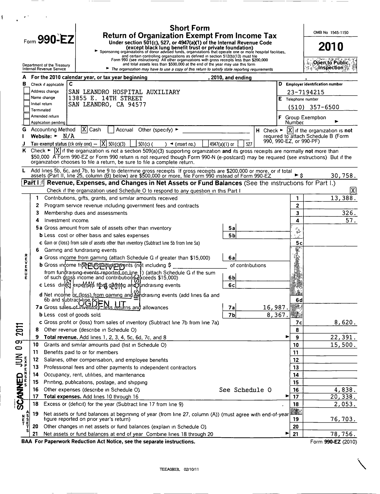 Image of first page of 2010 Form 990EZ for San Leandro Hospital Auxiliary