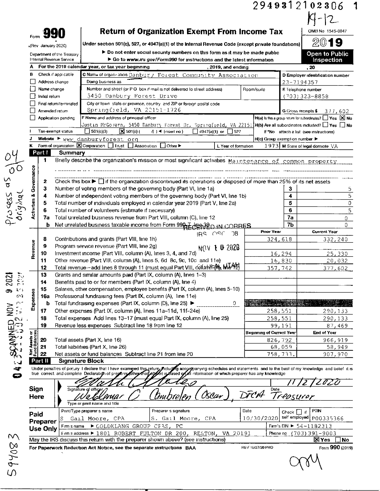 Image of first page of 2019 Form 990O for Danbury Forest Community Association