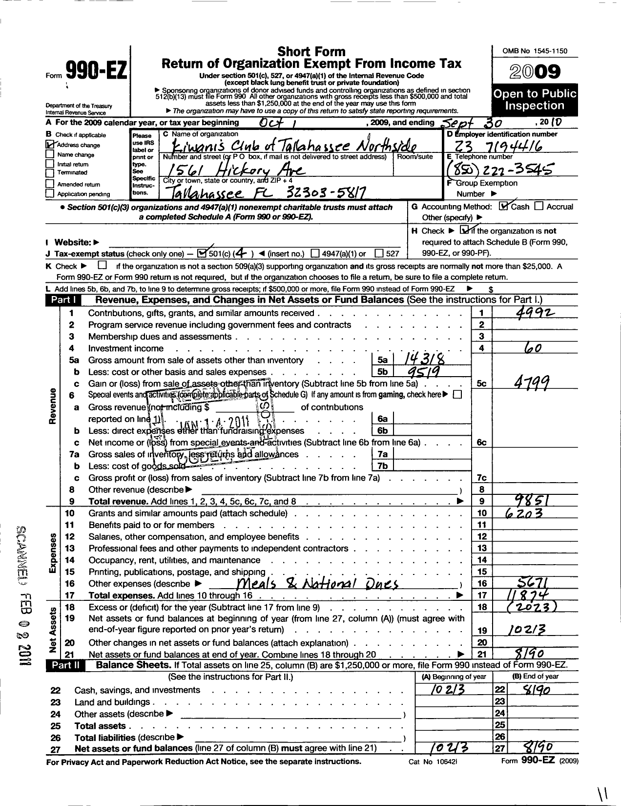 Image of first page of 2009 Form 990EO for Kiwanis International - K07010 Tallahassee Northside