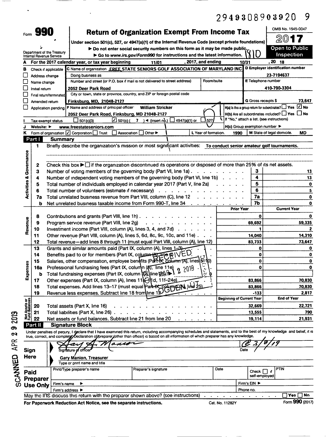 Image of first page of 2017 Form 990O for Free State Seniors Golf Association of Maryland