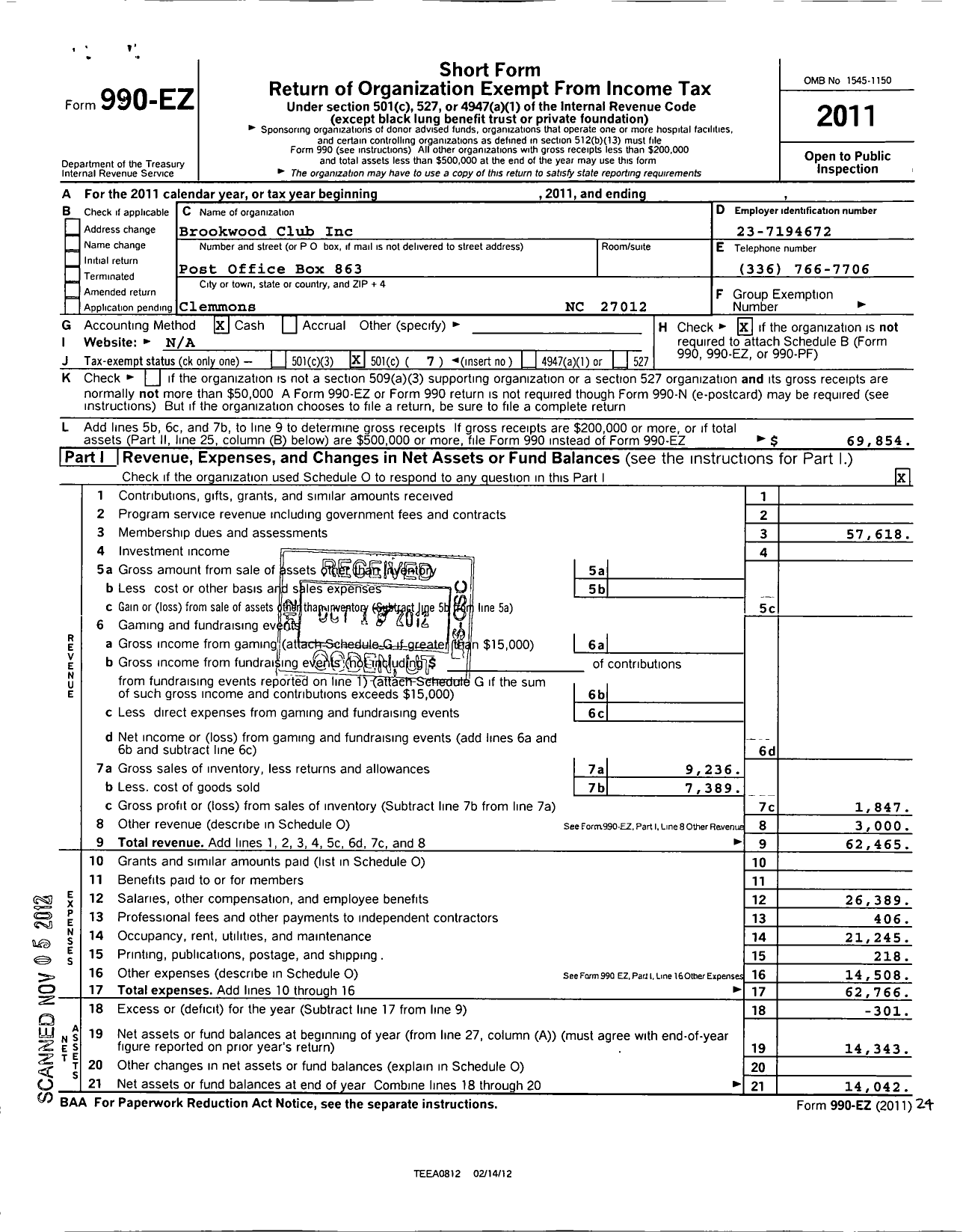 Image of first page of 2011 Form 990EO for Brookwood Club