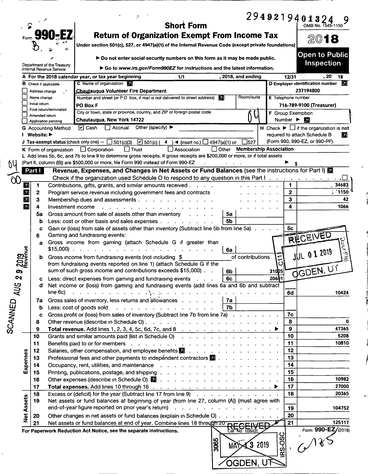 Image of first page of 2018 Form 990EO for Chautauqua Volunteer Fire Department