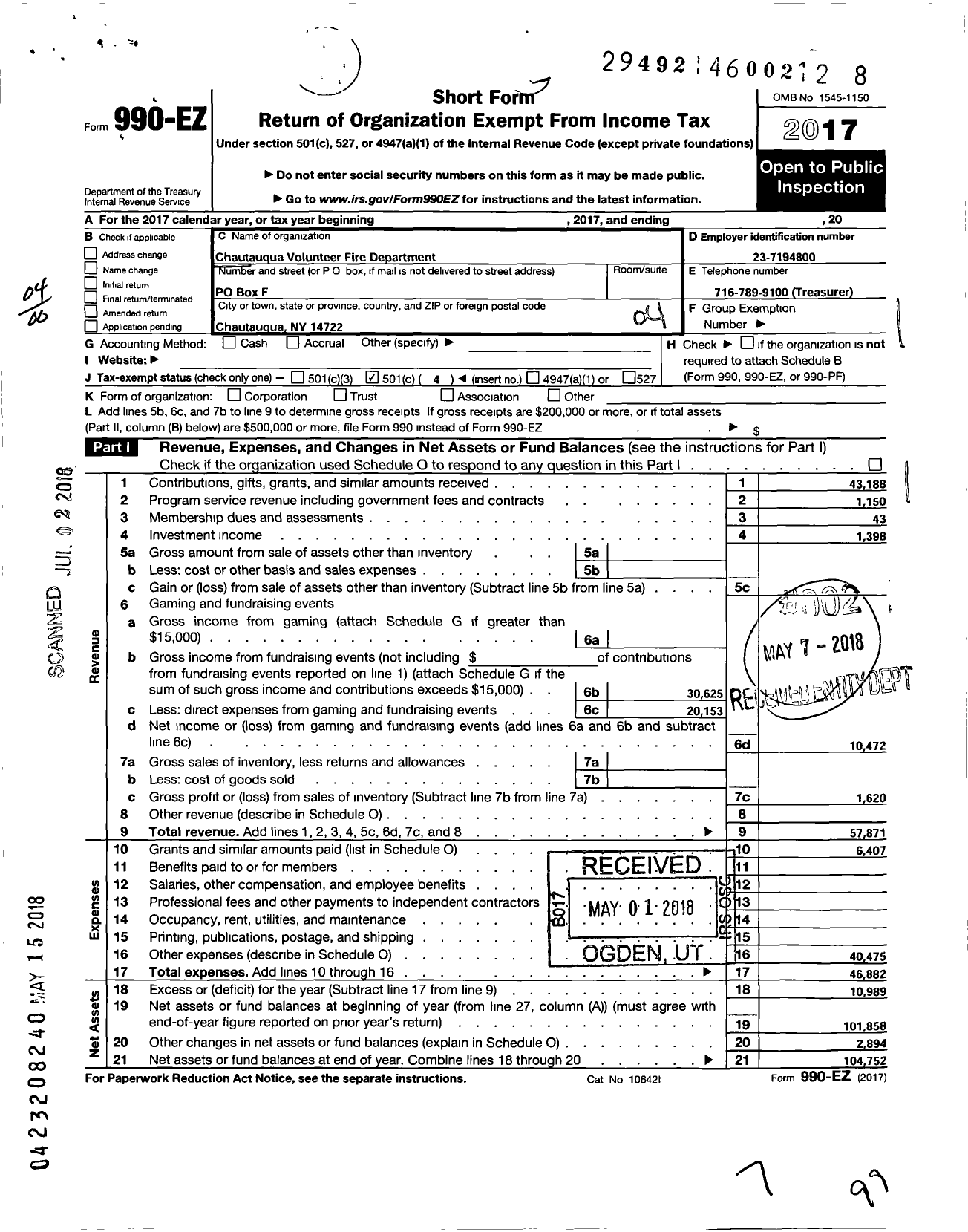 Image of first page of 2017 Form 990EO for Chautauqua Volunteer Fire Department