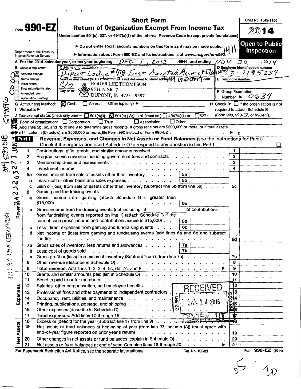 Image of first page of 2013 Form 990EO for Free & Accepted Masons of Indiana - 419 Dupont