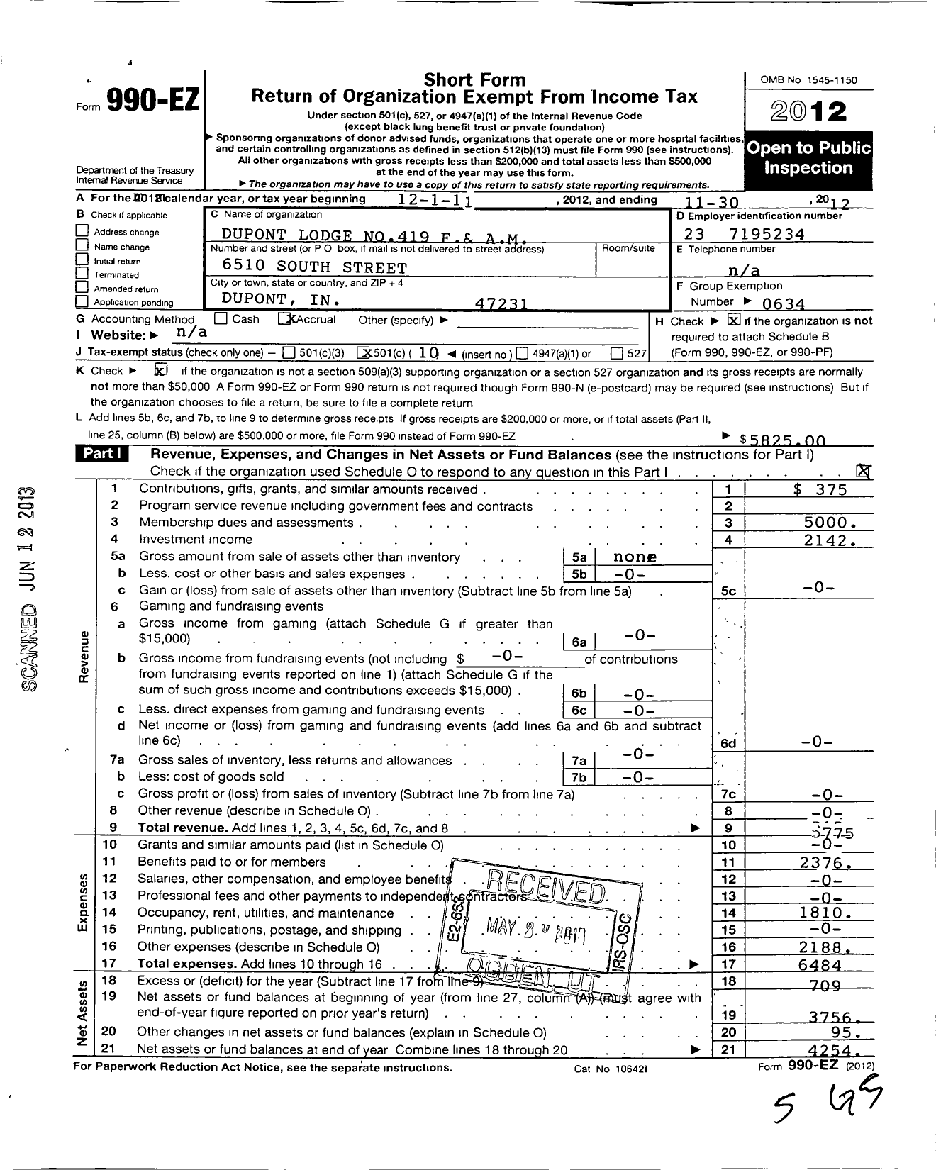 Image of first page of 2011 Form 990EO for Free & Accepted Masons of Indiana - 419 Dupont