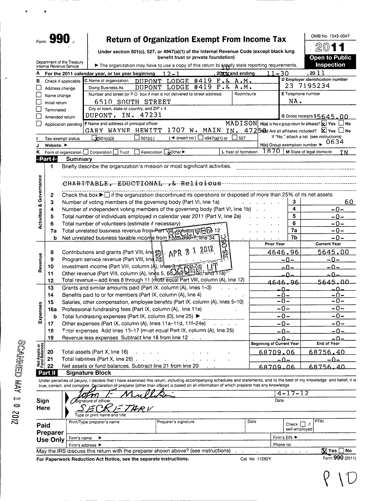 Image of first page of 2010 Form 990 for Free & Accepted Masons of Indiana - 419 Dupont