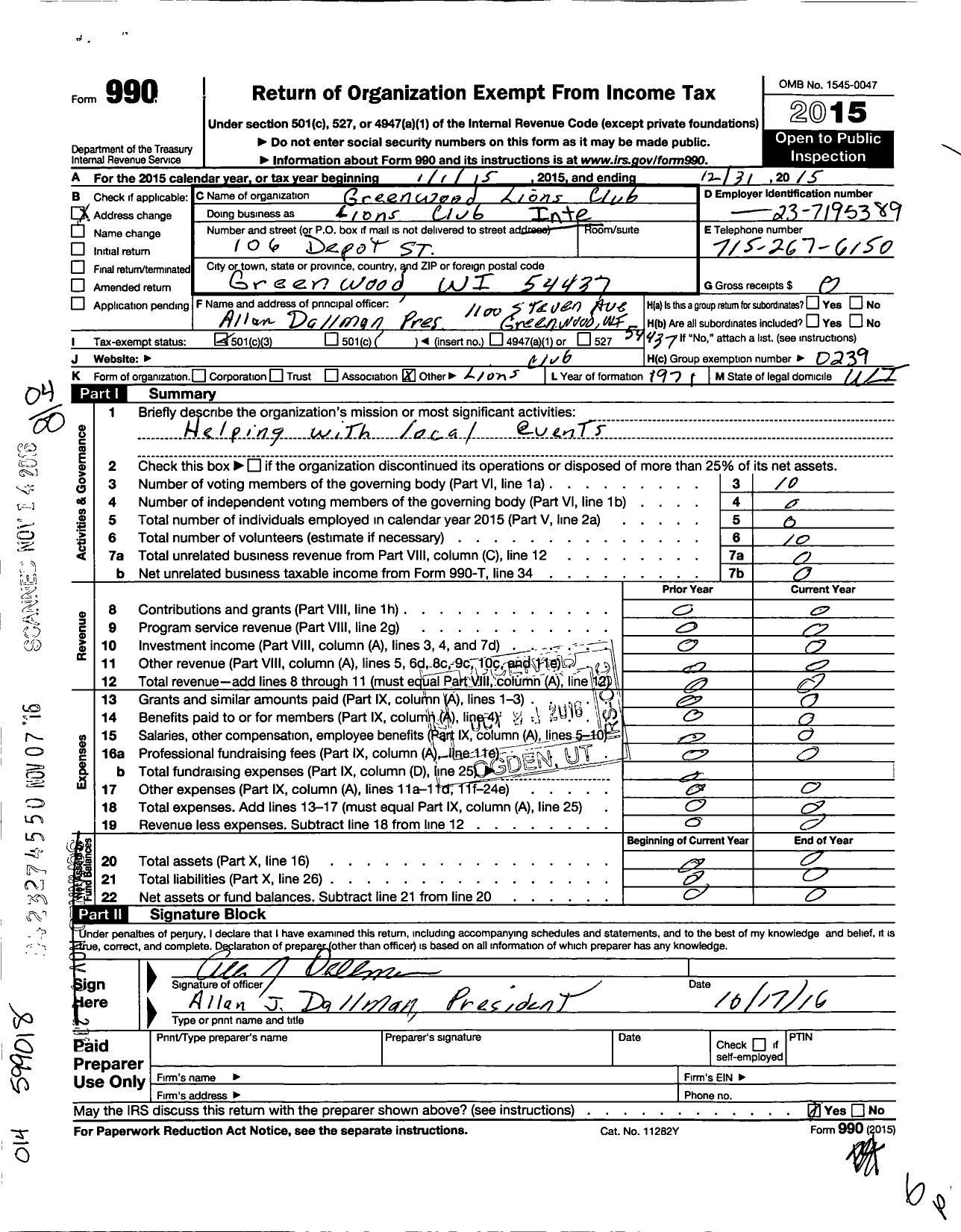 Image of first page of 2015 Form 990 for Lions Clubs - 10533 Greenwood