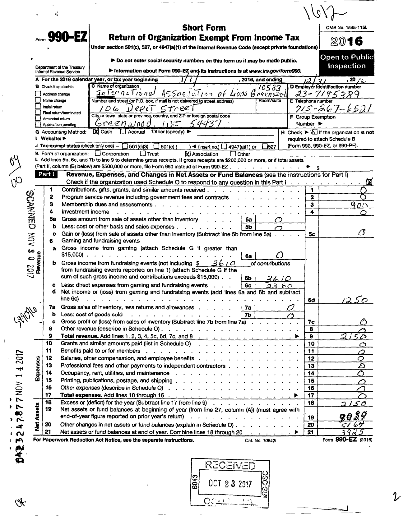 Image of first page of 2016 Form 990EO for Lions Clubs - 10533 Greenwood