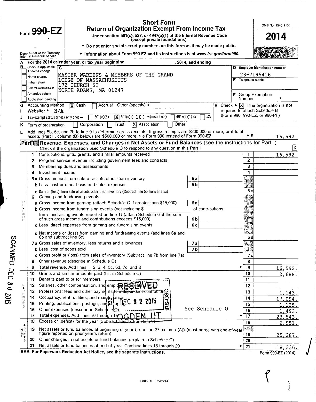 Image of first page of 2014 Form 990EO for Master Wardens and Members of the Grand Lodge of Masons in Mass / Lafayette-Greylock Lodge