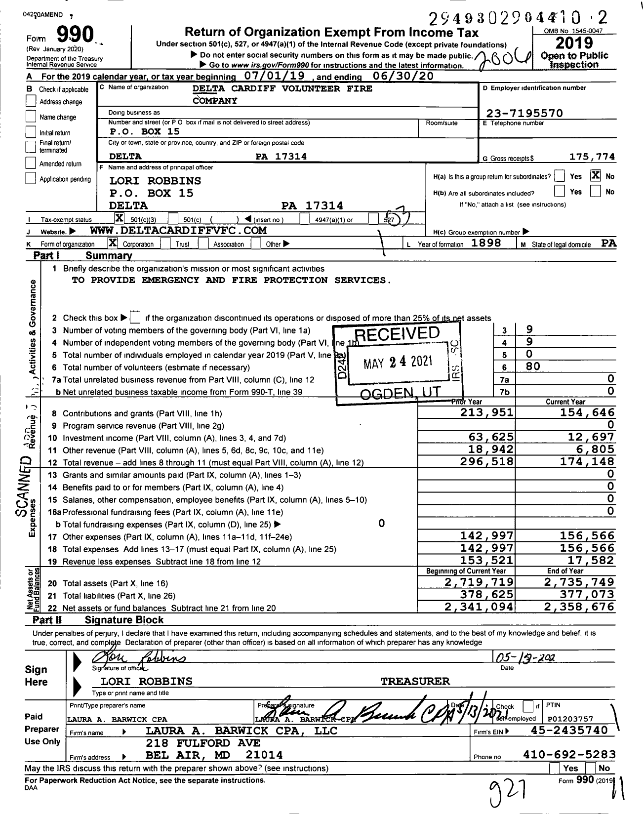 Image of first page of 2019 Form 990 for Delta Cardiff Volunteer Fire Company