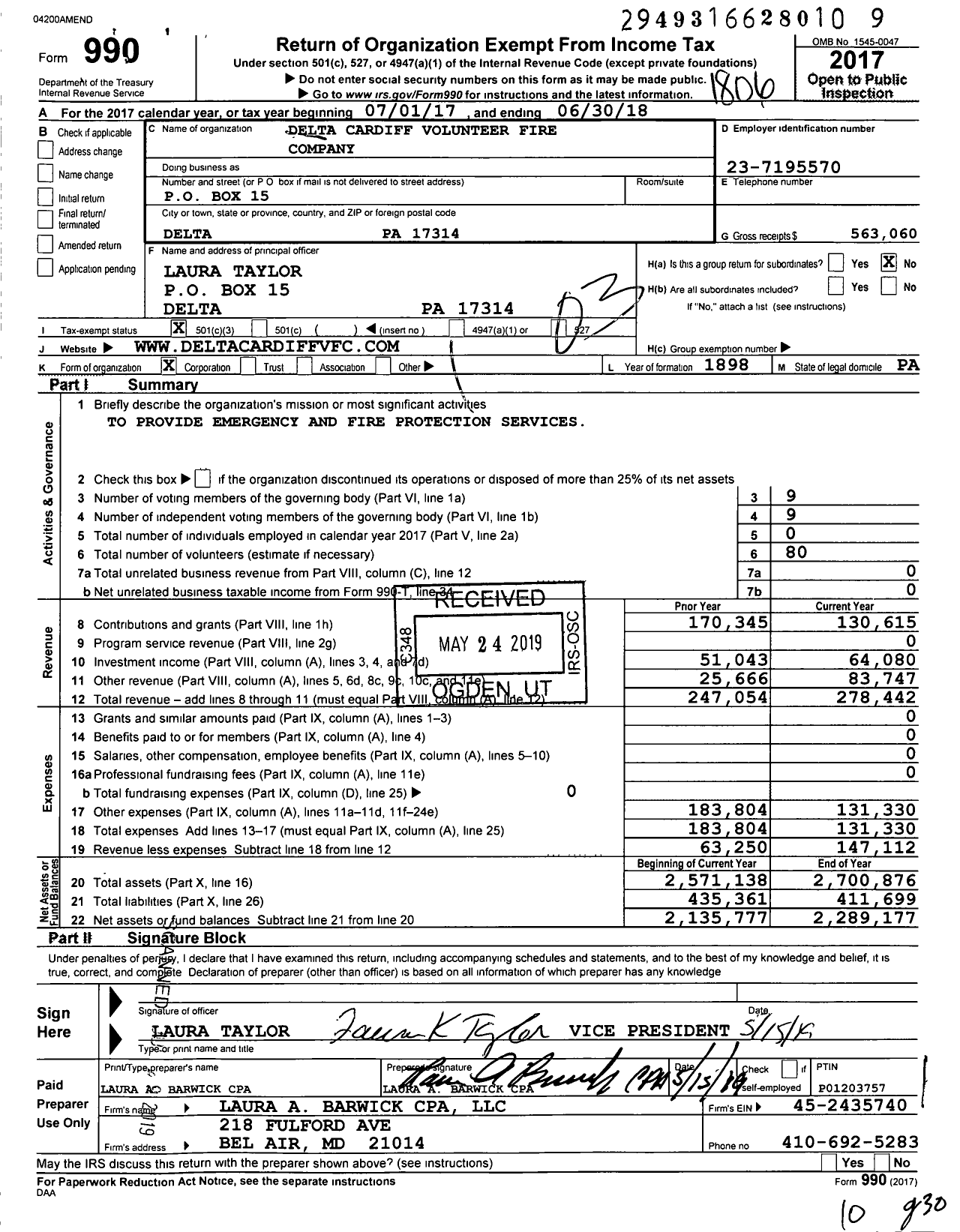 Image of first page of 2017 Form 990 for Delta Cardiff Volunteer Fire Company