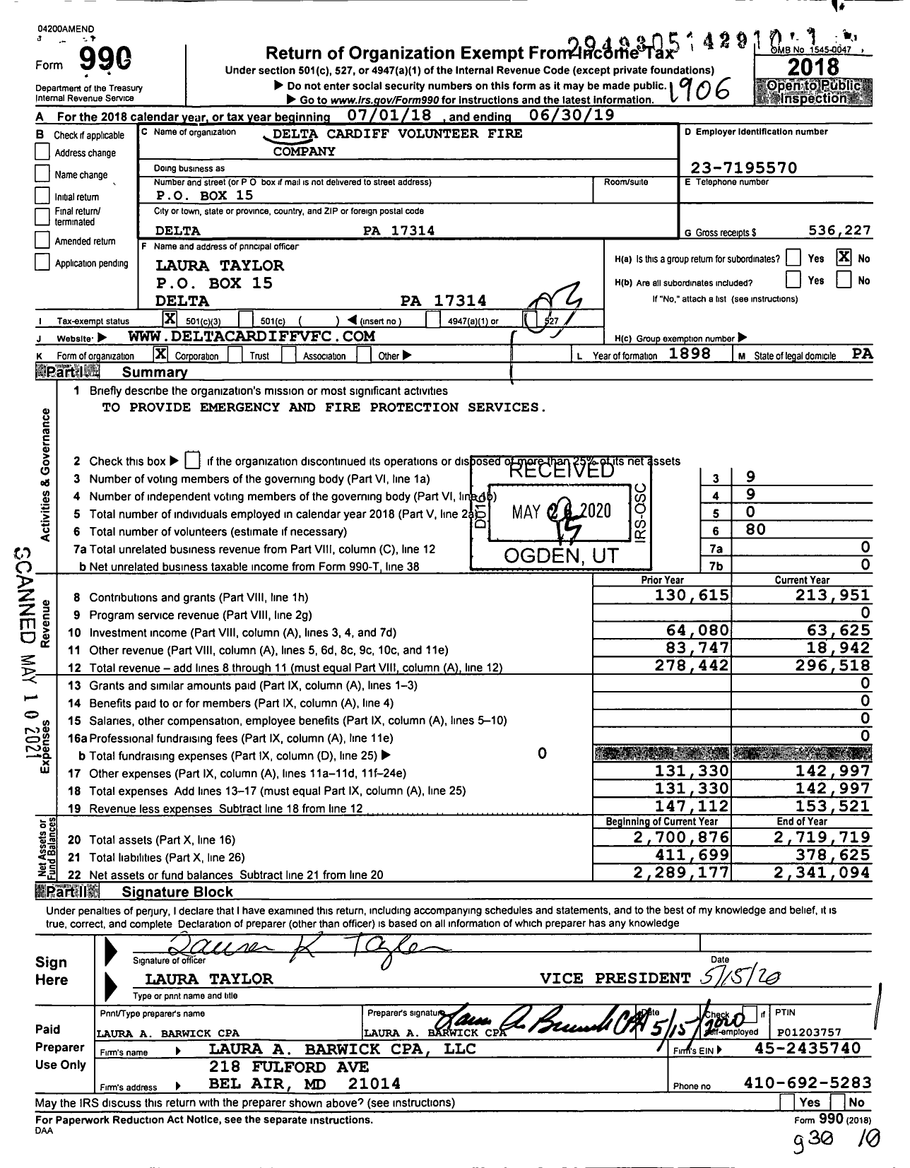 Image of first page of 2018 Form 990 for Delta Cardiff Volunteer Fire Company