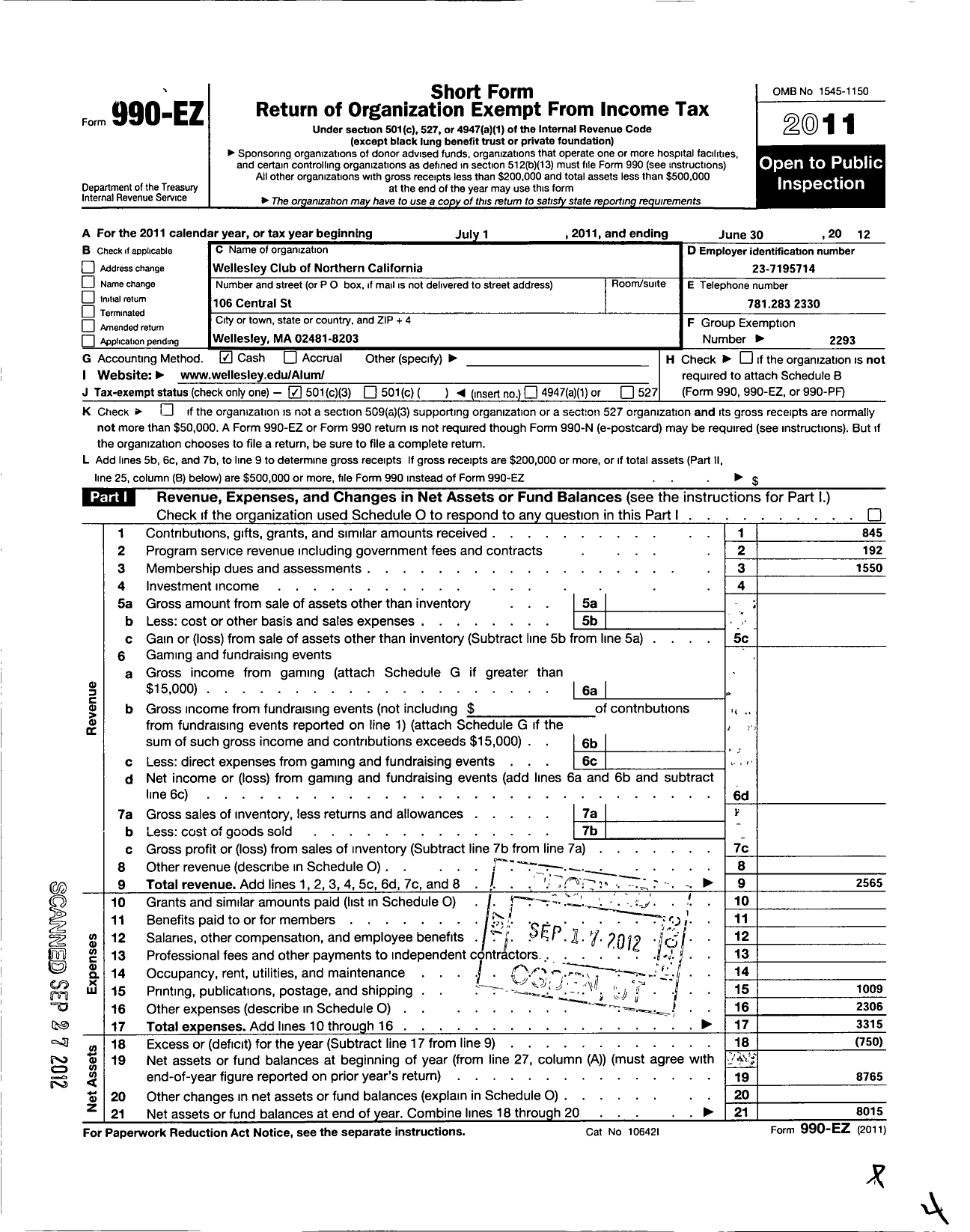 Image of first page of 2011 Form 990EZ for Wellesley College Alumnae Association / Wellesley Club Northern California