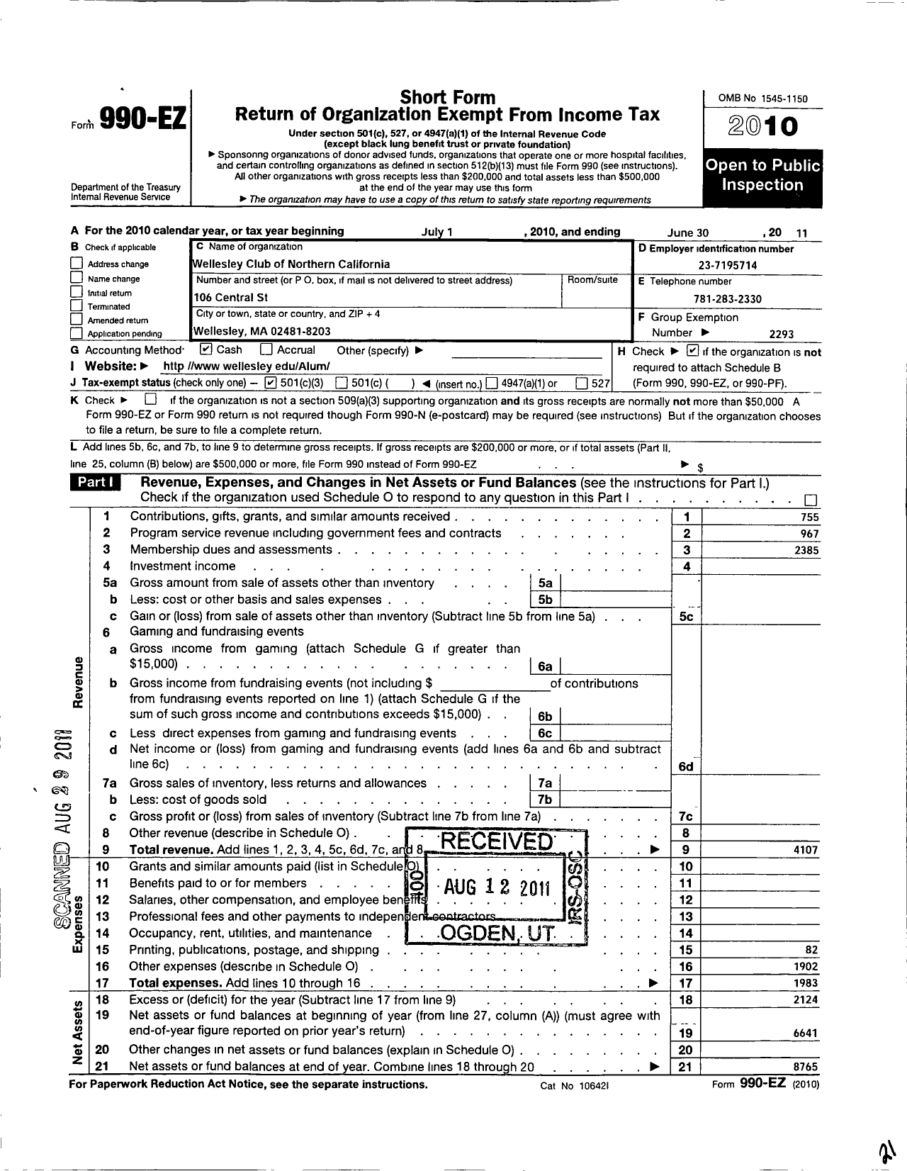 Image of first page of 2010 Form 990EZ for Wellesley College Alumnae Association / Wellesley Club Northern California