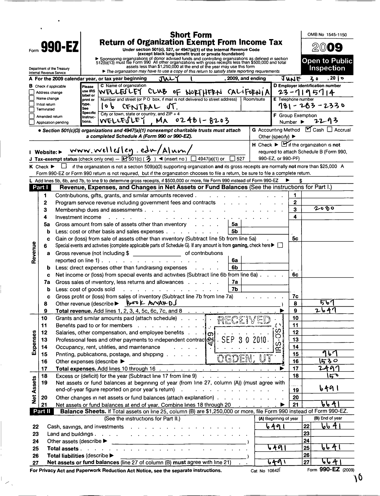 Image of first page of 2009 Form 990EZ for Wellesley College Alumnae Association / Wellesley Club Northern California