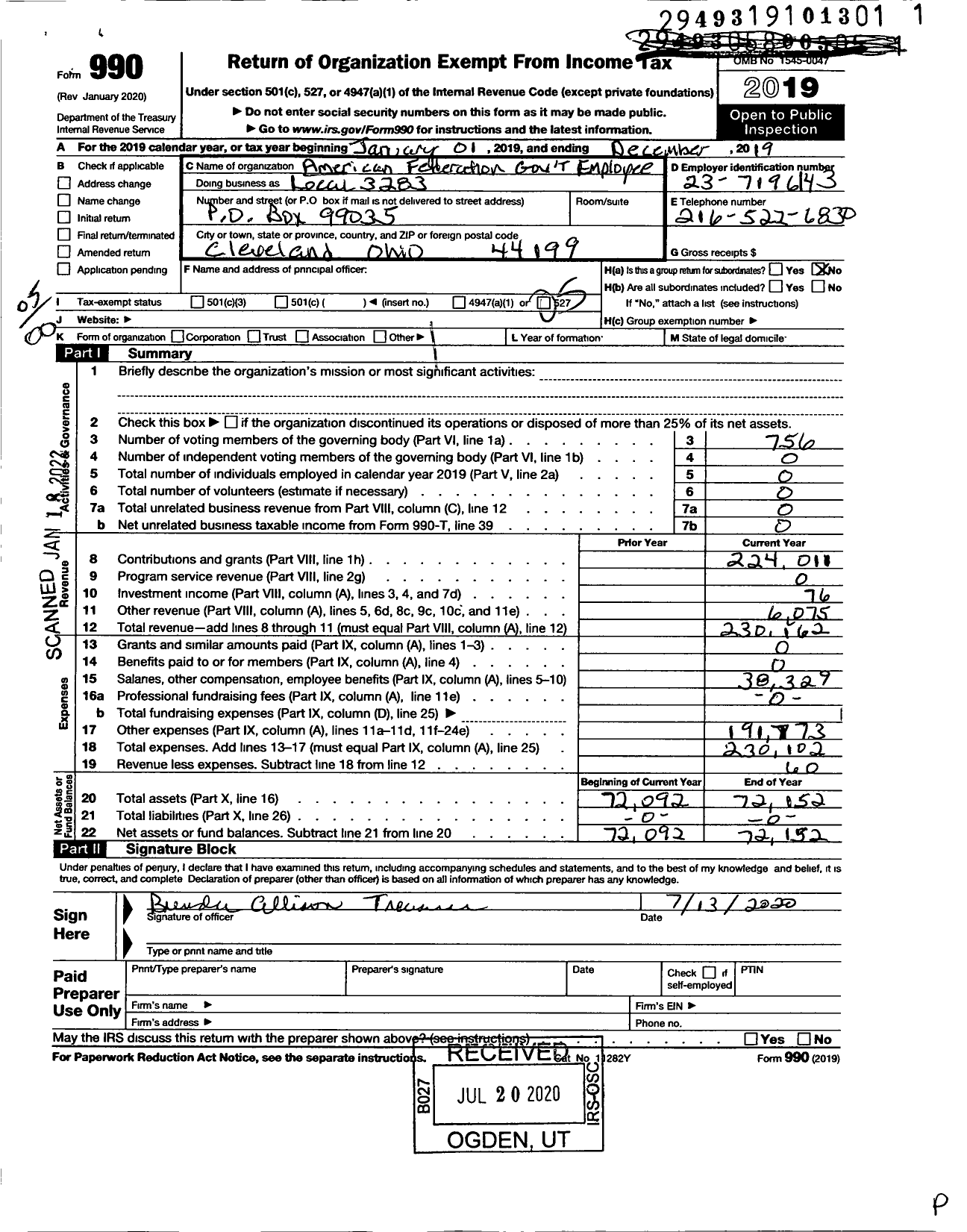 Image of first page of 2019 Form 990O for American Federation of Government Employees - Local 3283