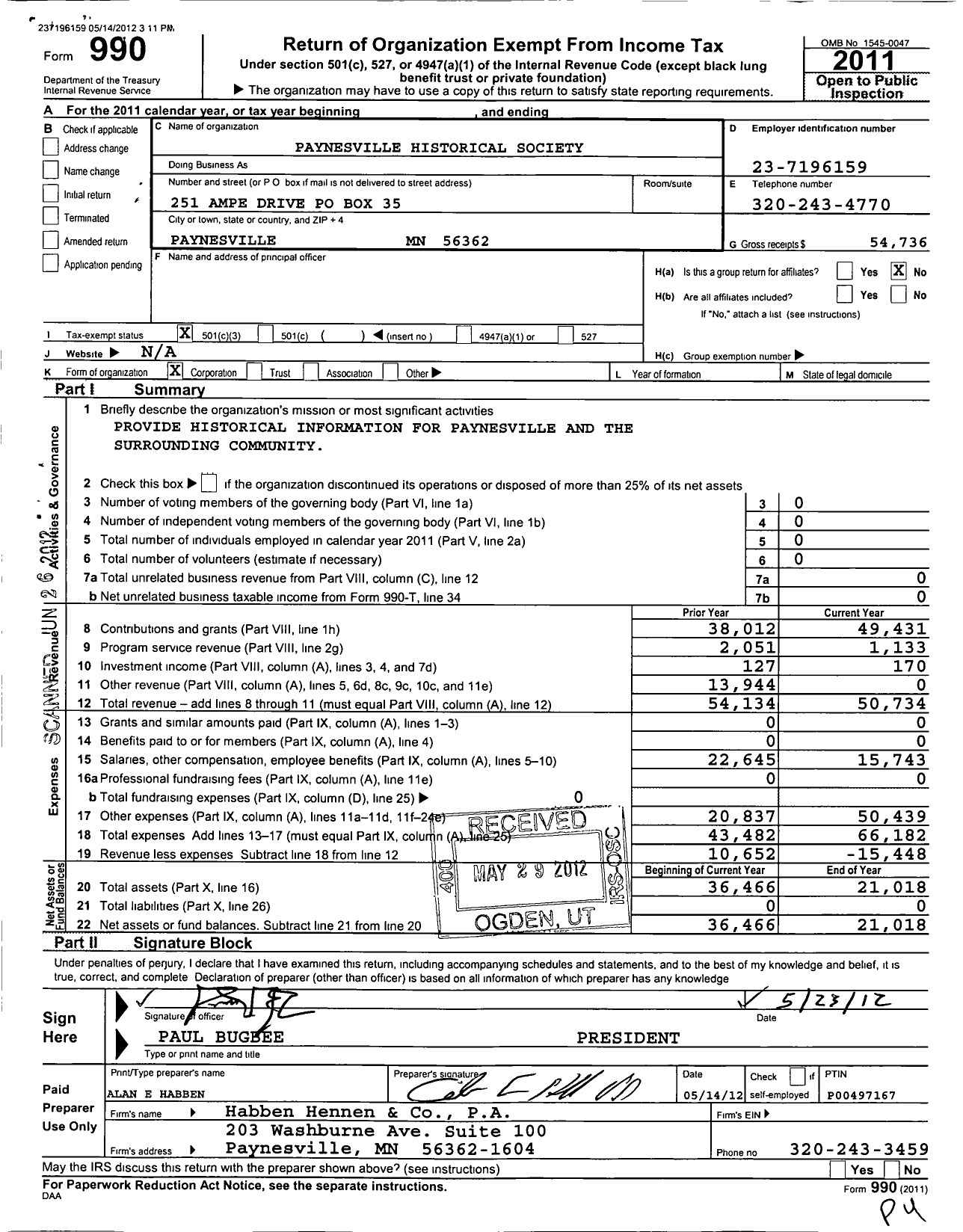 Image of first page of 2011 Form 990 for Paynesville Historical Society