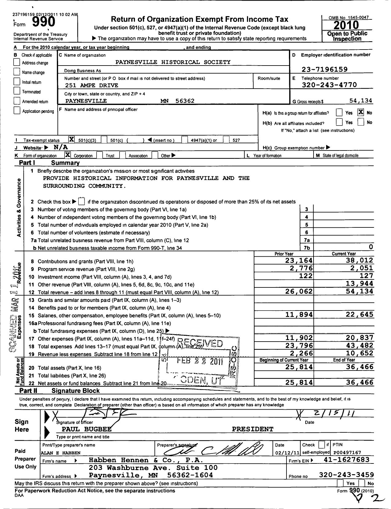 Image of first page of 2010 Form 990 for Paynesville Historical Society