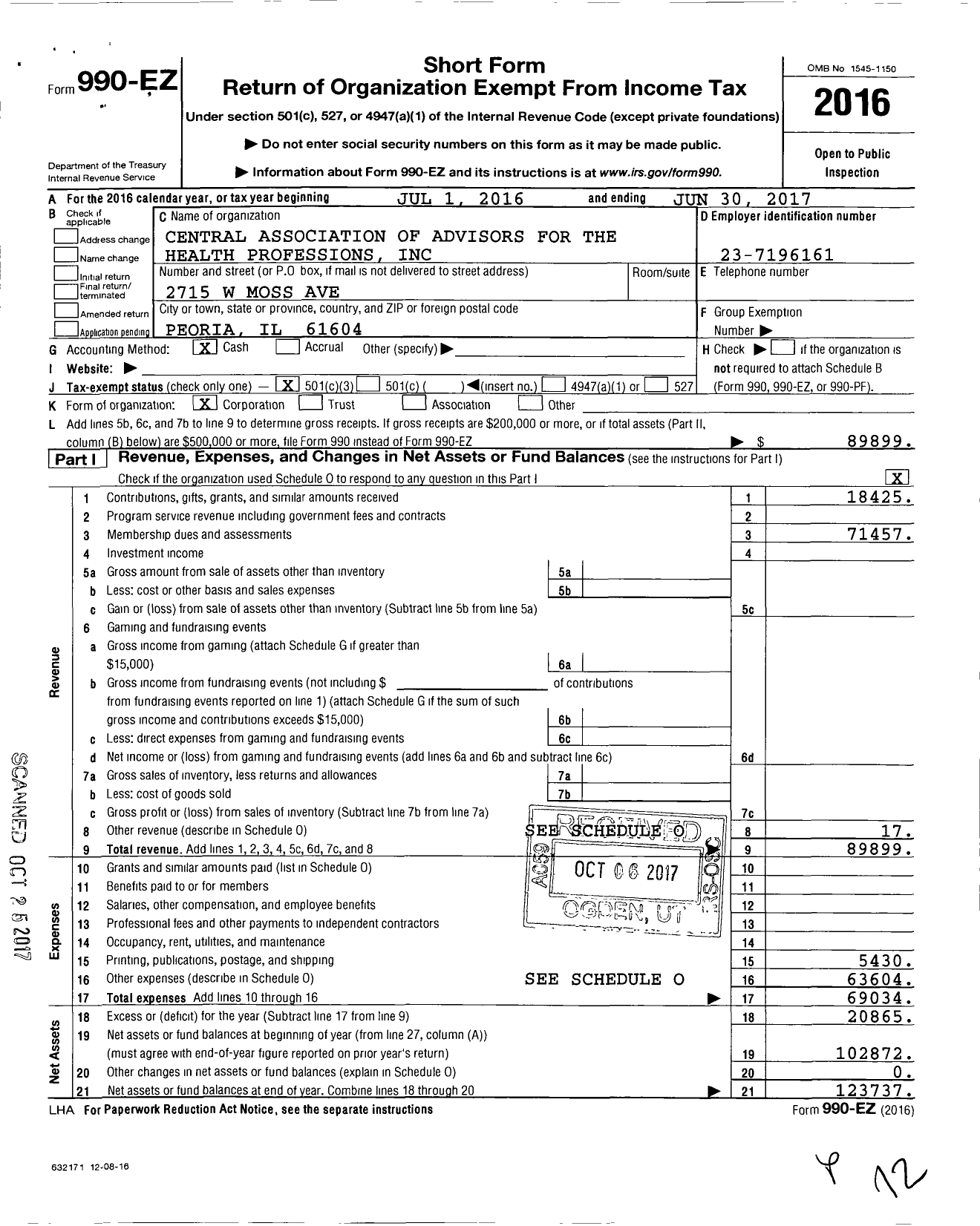 Image of first page of 2016 Form 990EZ for Central Association of Advisors for the Health Professions