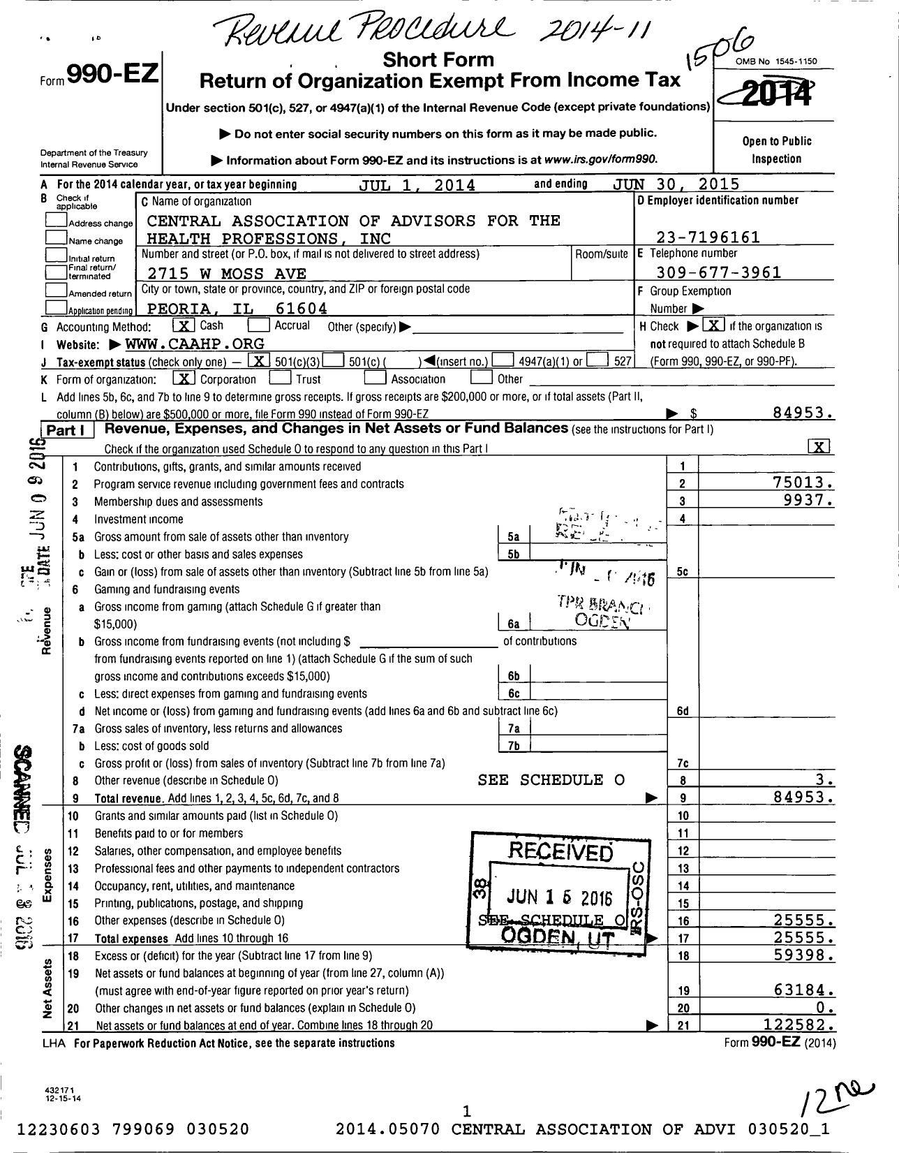 Image of first page of 2014 Form 990EZ for Central Association of Advisors for the Health Professions