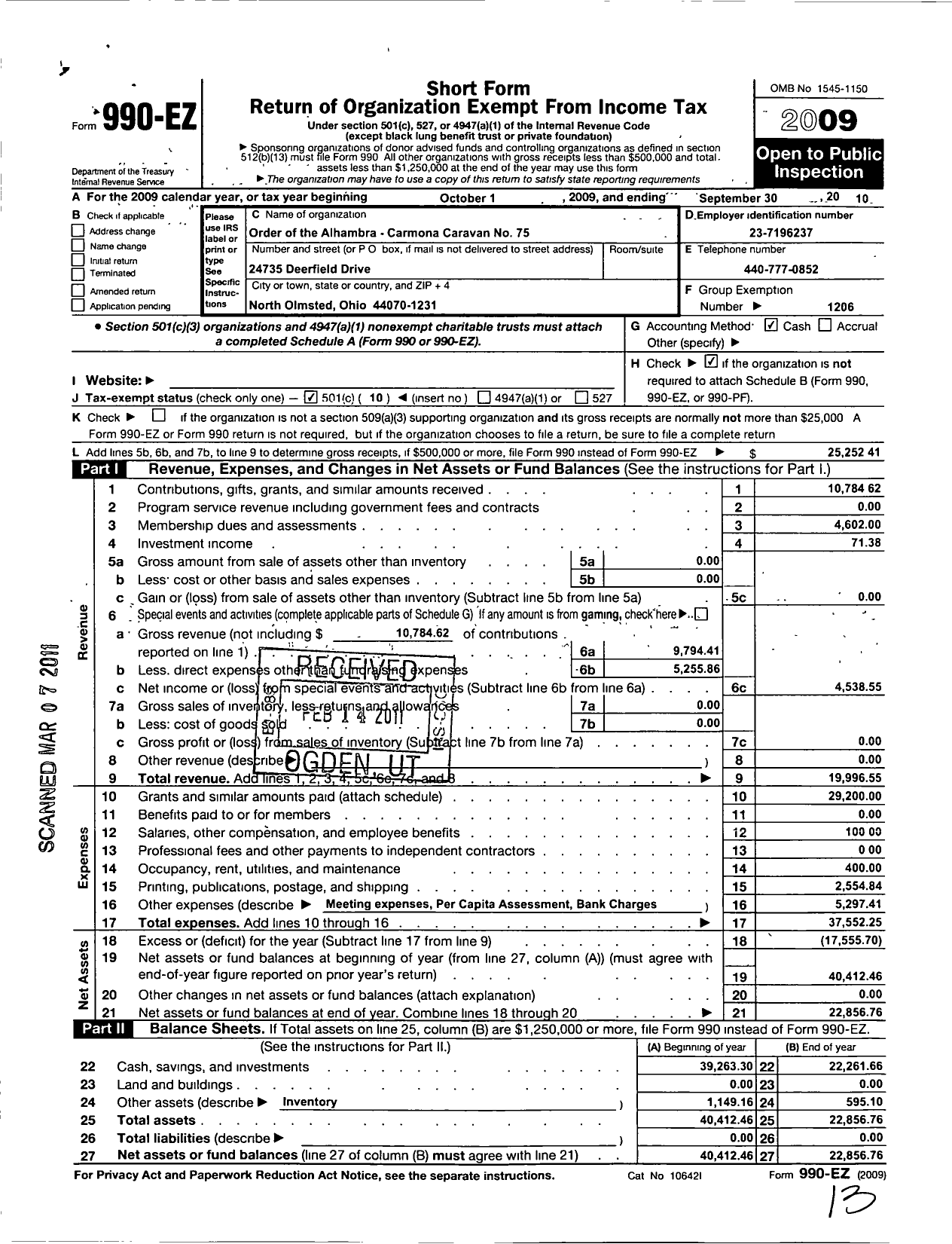 Image of first page of 2009 Form 990EO for Order of the Alhambra - 75 Carmona Caravan