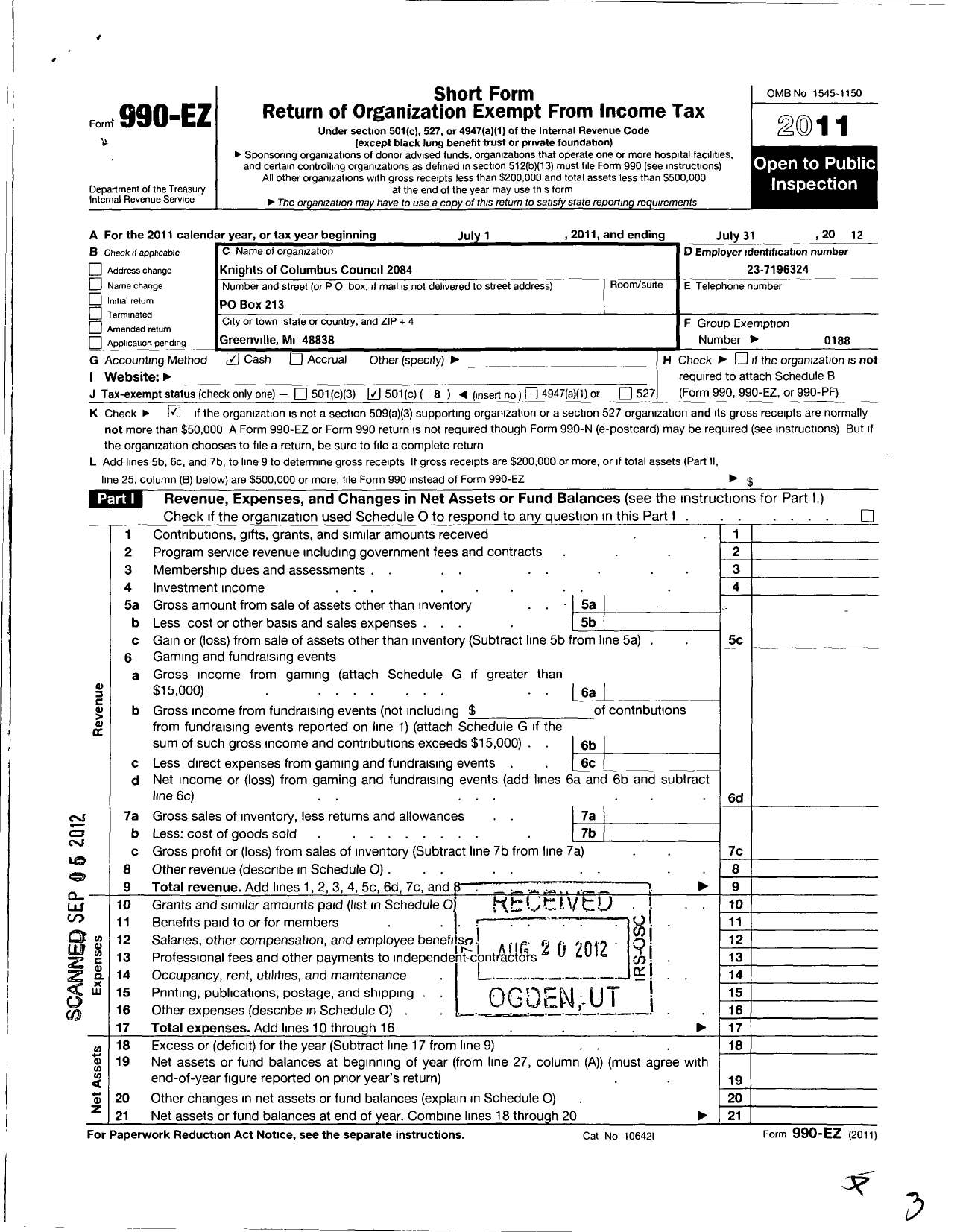 Image of first page of 2011 Form 990EO for Knights of Columbus - 2084 St Charles Council