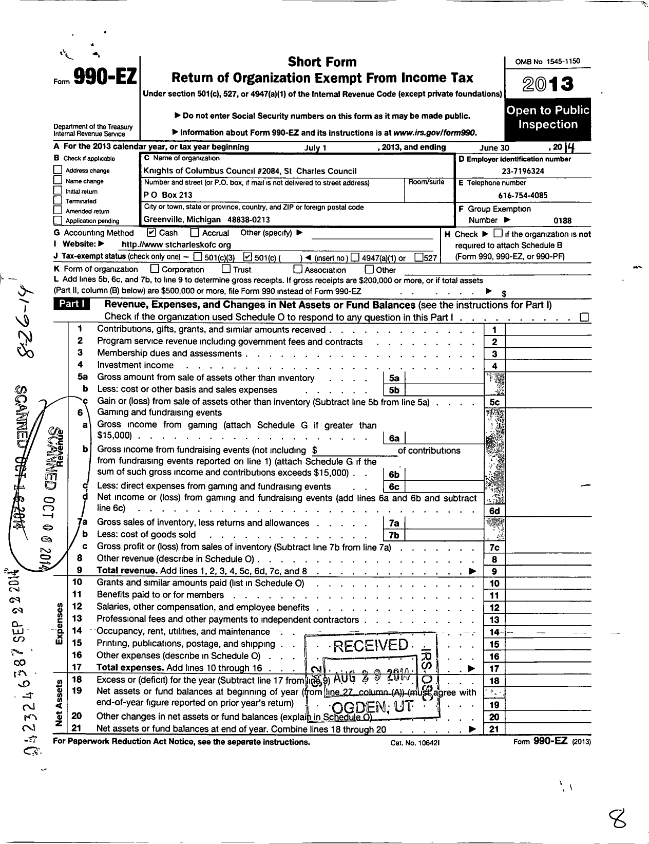 Image of first page of 2013 Form 990EO for Knights of Columbus - 2084 St Charles Council