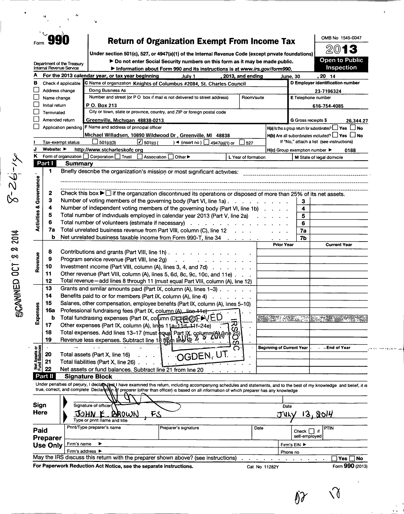 Image of first page of 2013 Form 990O for Knights of Columbus - 2084 St Charles Council