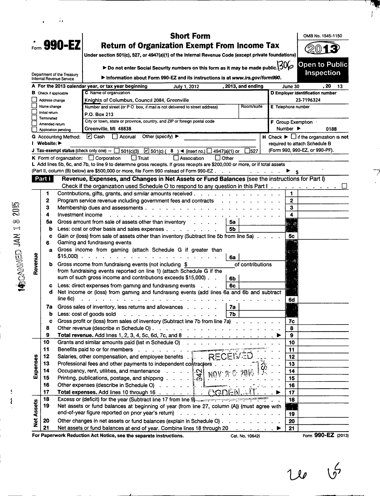 Image of first page of 2012 Form 990EO for Knights of Columbus - 2084 St Charles Council