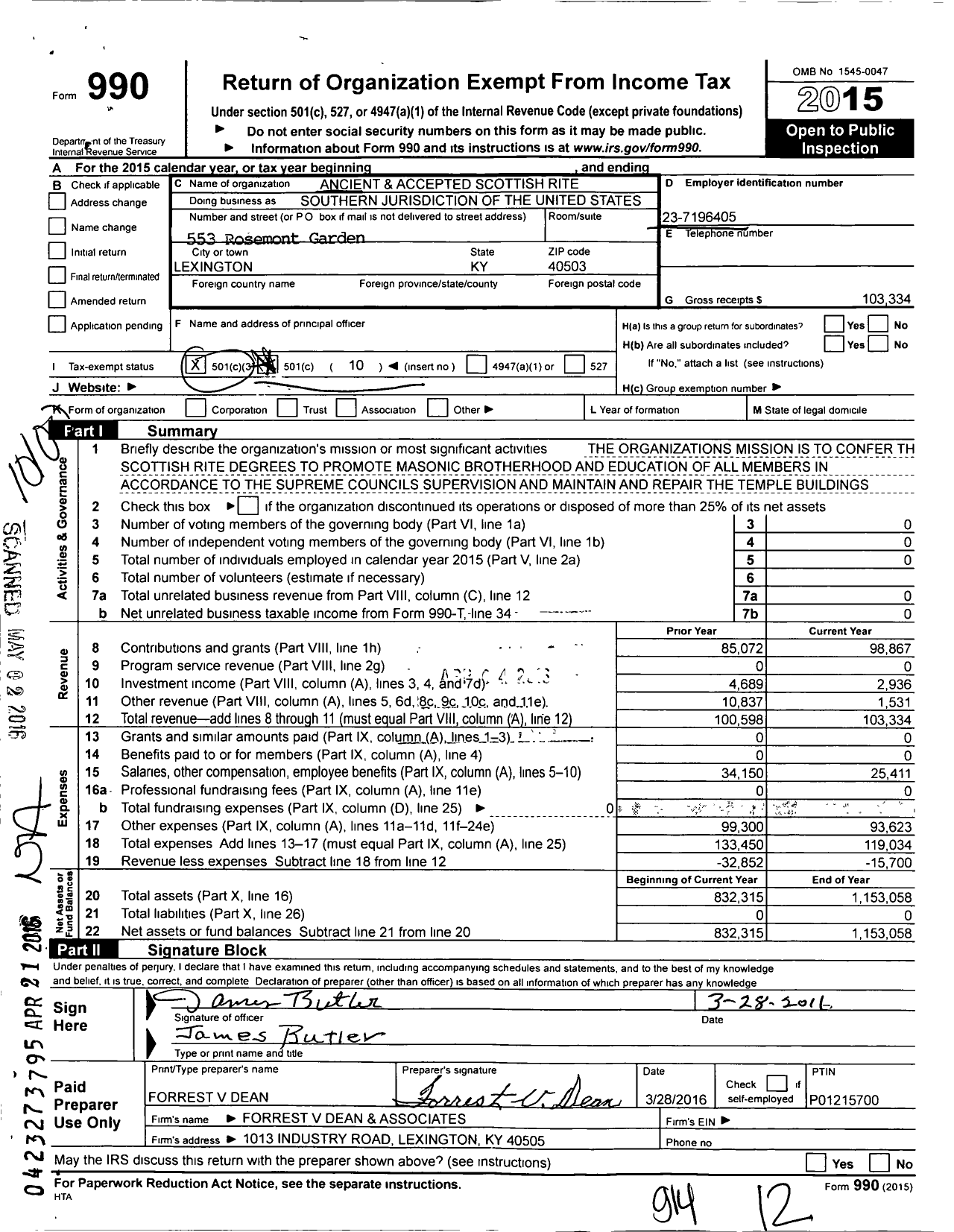 Image of first page of 2015 Form 990O for Scottish Rite of Freemasonry Southern Jurisdiction - Valley of Lexington & Coord Bodies