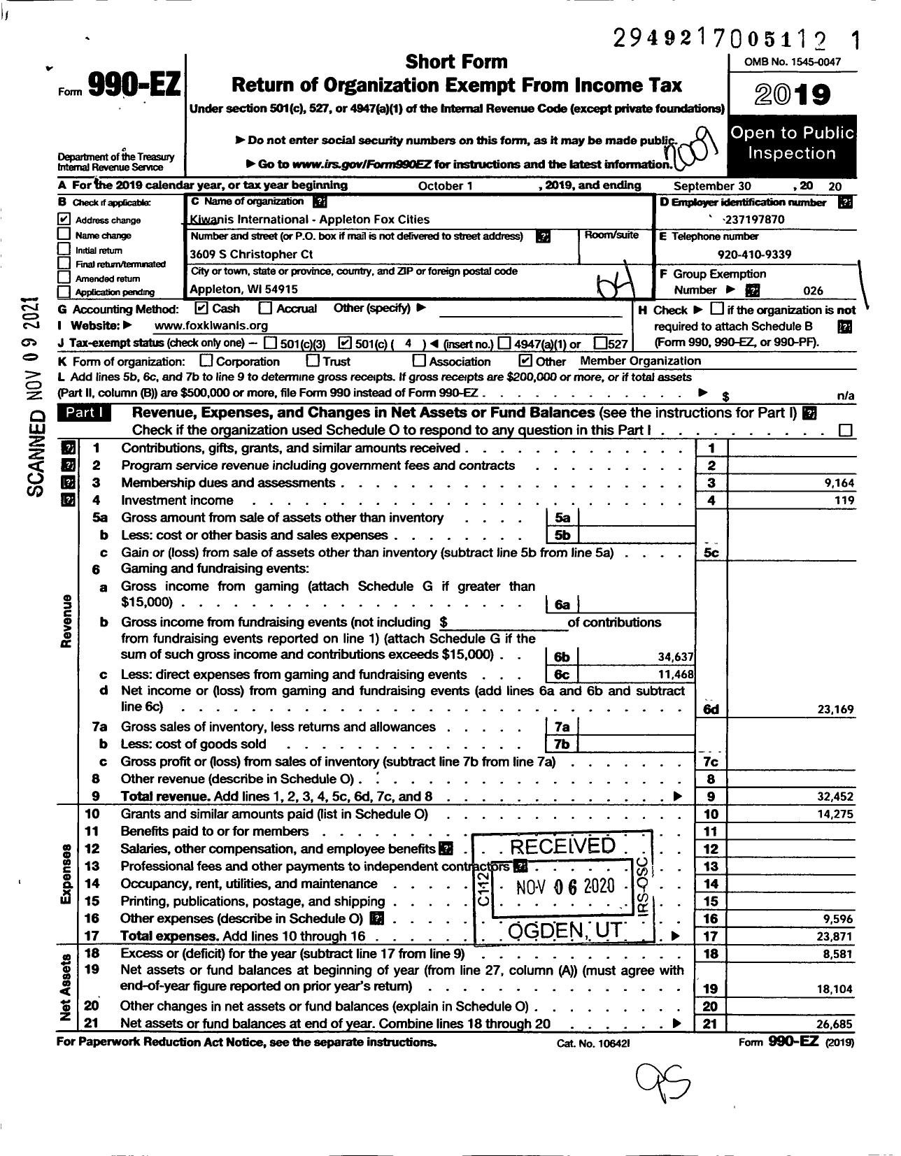 Image of first page of 2019 Form 990EO for Kiwanis International - K07078 Appleton-Fox Cities