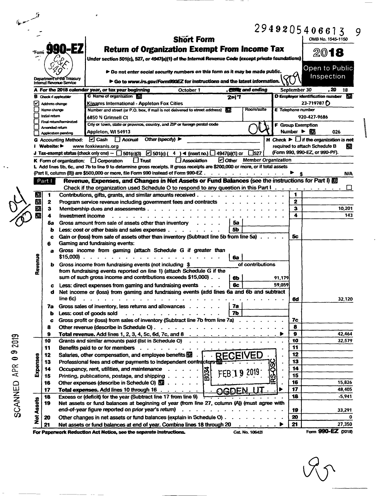 Image of first page of 2017 Form 990EO for Kiwanis International - K07078 Appleton-Fox Cities