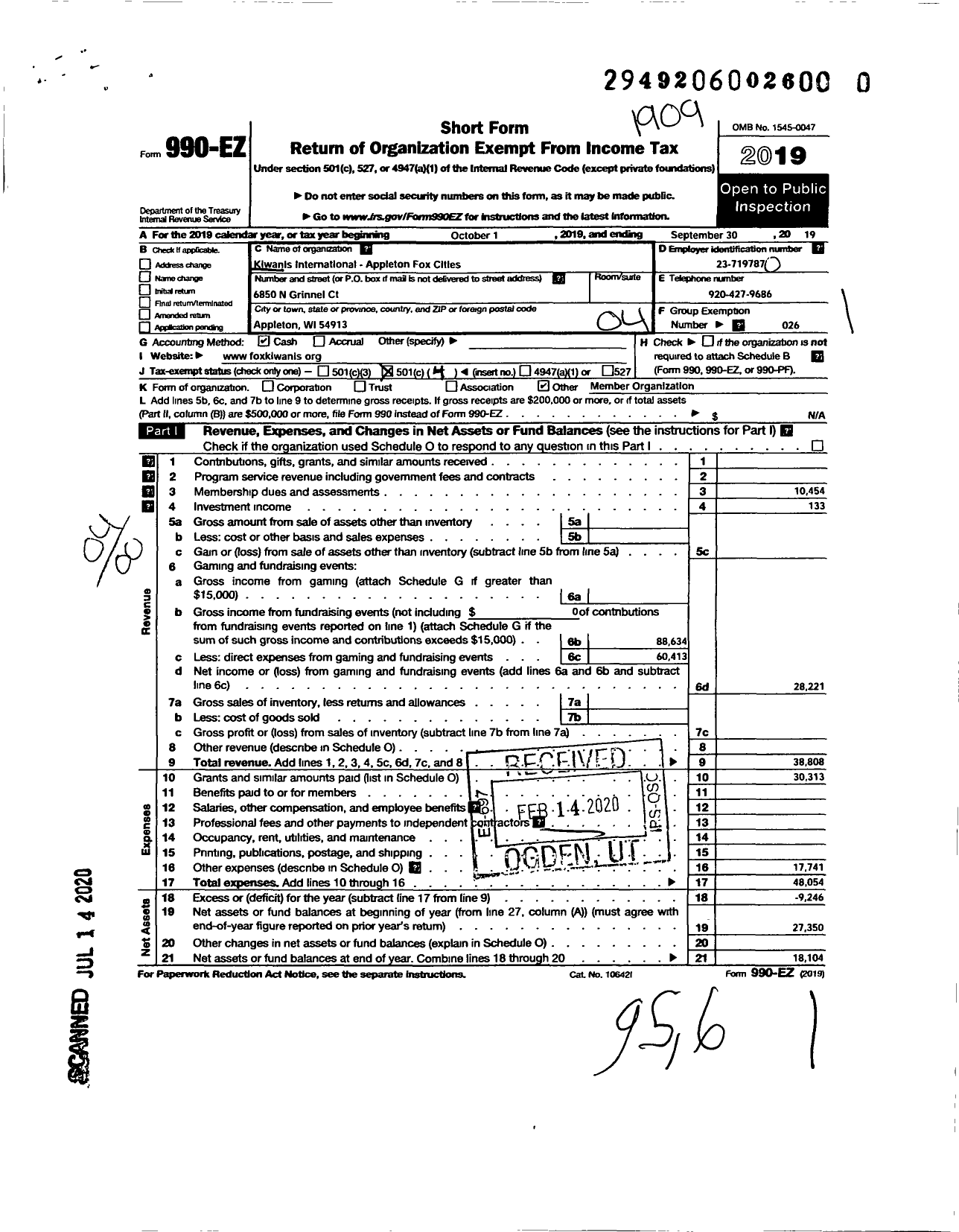 Image of first page of 2018 Form 990EO for Kiwanis International - K07078 Appleton-Fox Cities